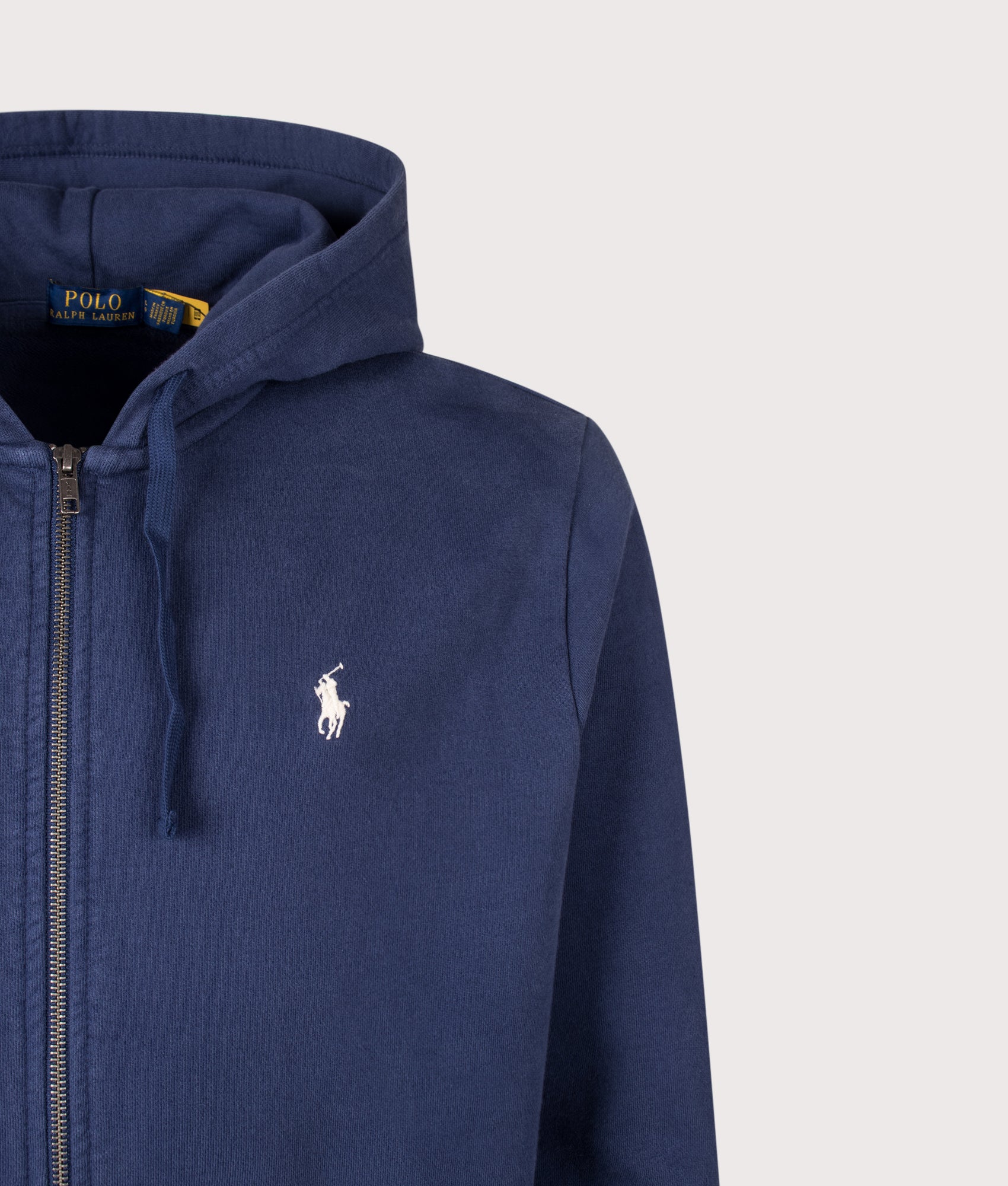 Polo Ralph Lauren Zip Through Loopback Fleece Hoodie in Cruise Navy at EQVVS Menswear. Detail shot.