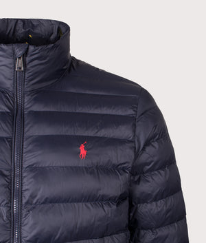 The Colden Packable Jacket in Collection Navy. | Polo Ralph Lauren | Shot at EQVVS | Front detail shot 