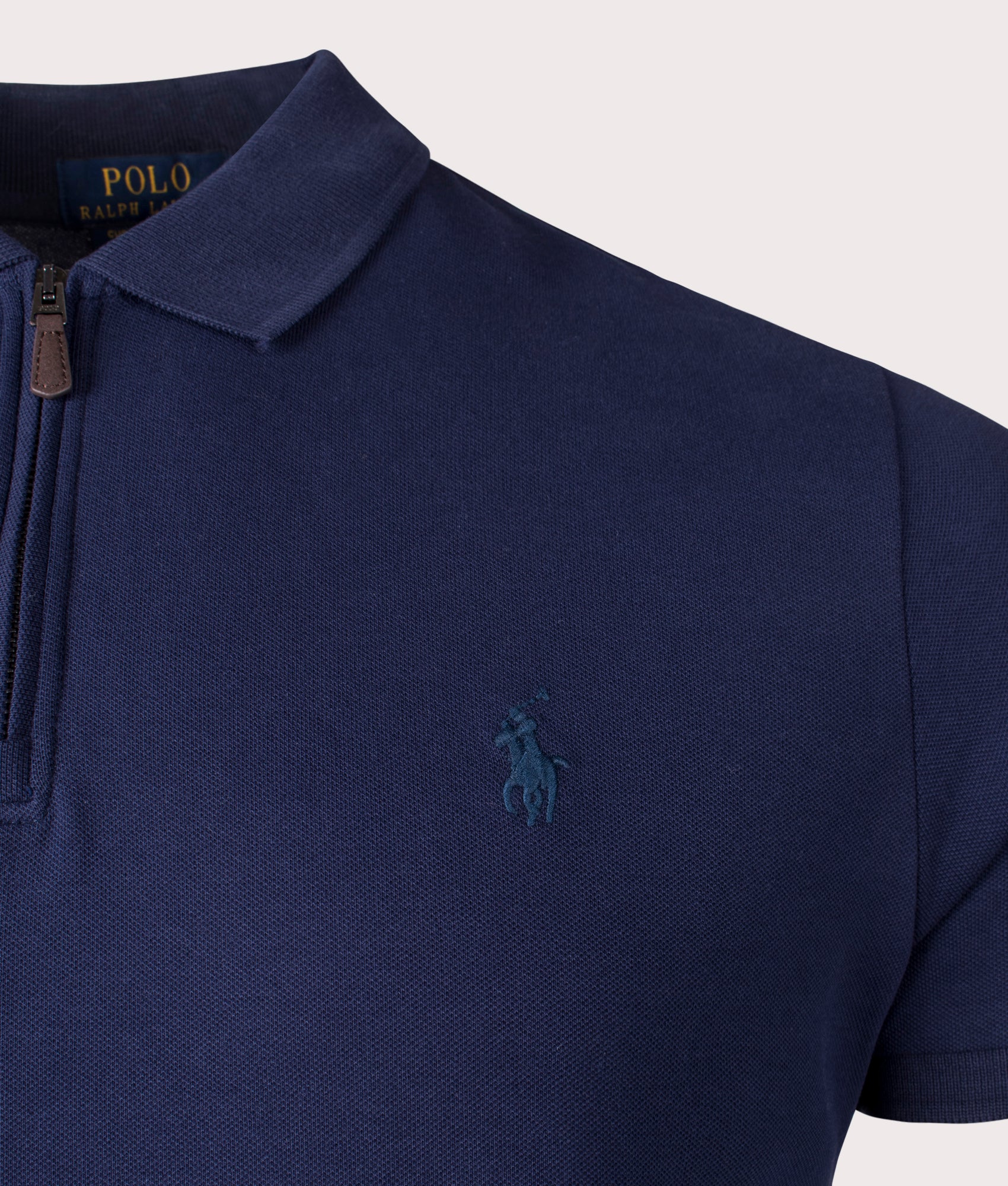 Polo Ralph Lauren Custom Slim Fit Mesh Polo Shirt in Refined Navy at EQVVS. Detail Shot.