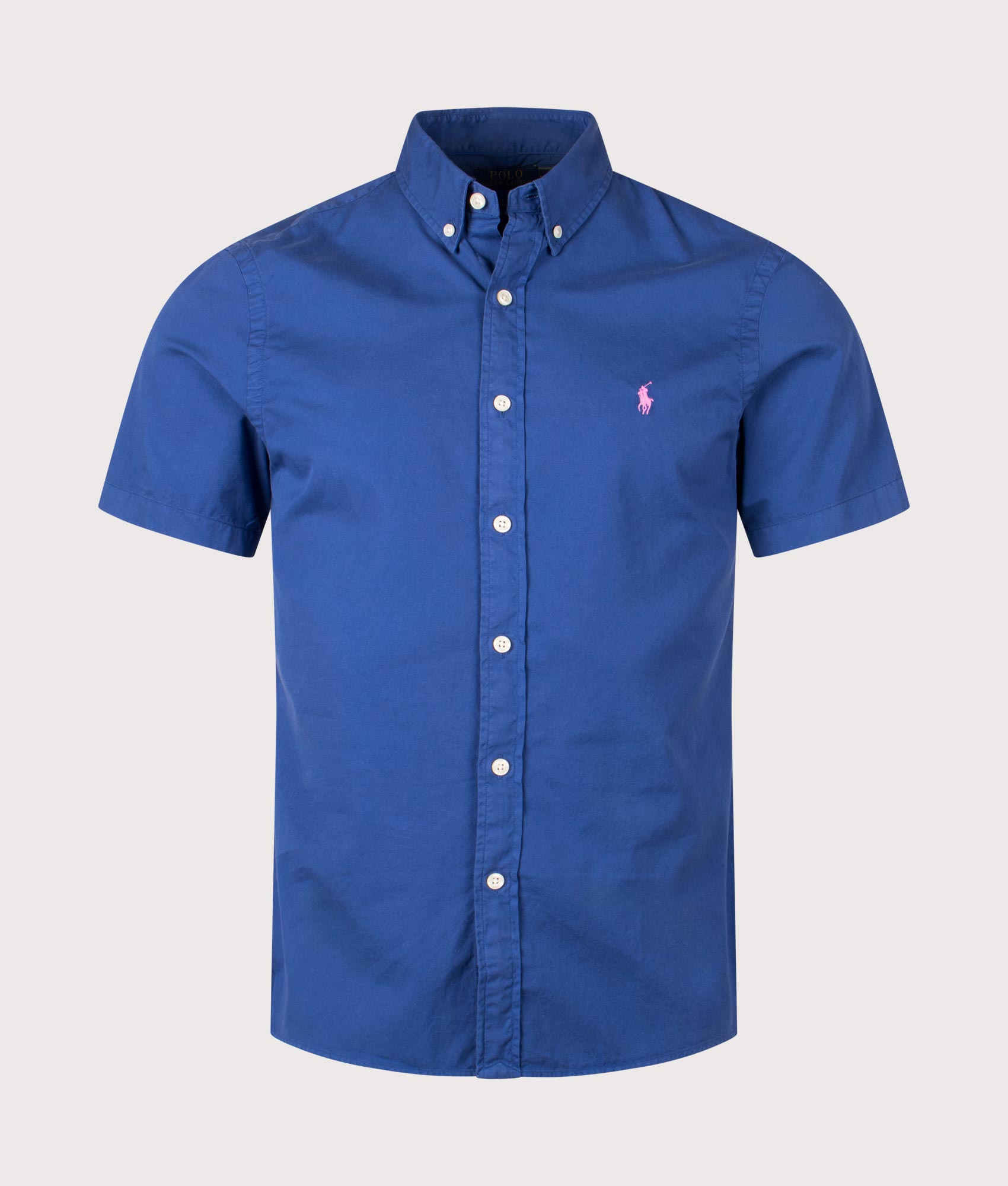 Polo Ralph Lauren Slim Fit Garment-Dyed Twill Shirt in Beach Royal. Front angle shot at EQVVS.