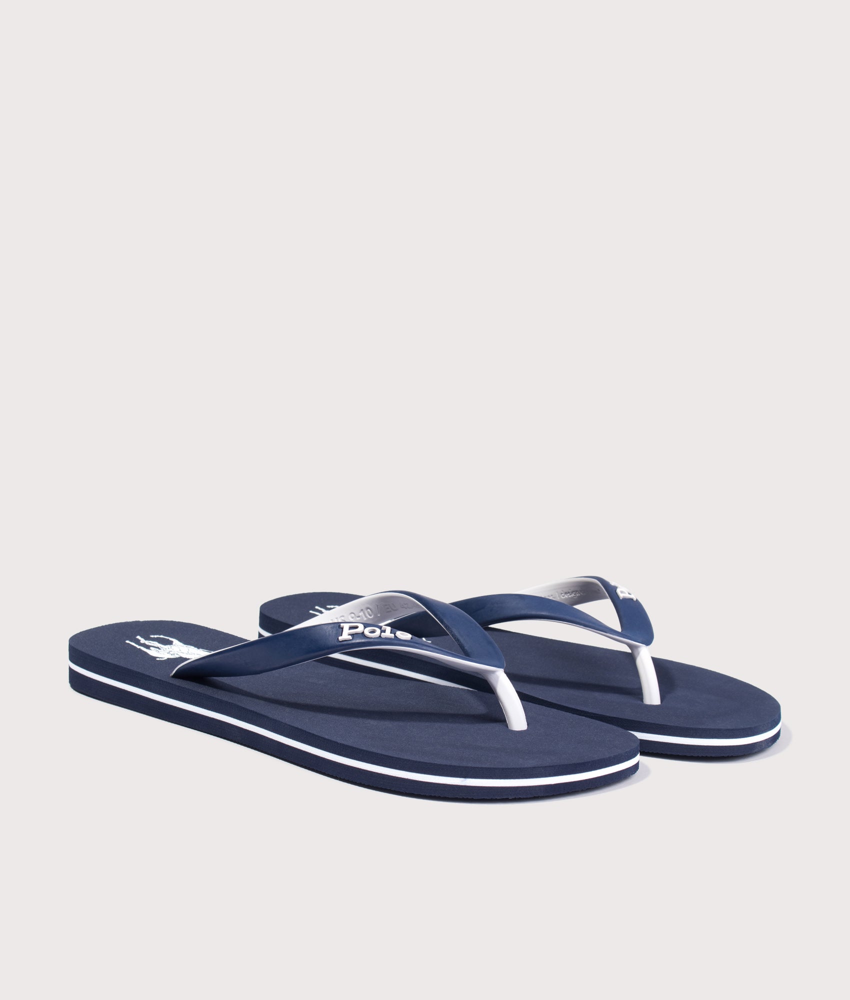 Polo Ralph Lauren Bolt Big Pony Flip Flops in Navy and White at EQVVS Menswear. Angled front shot.