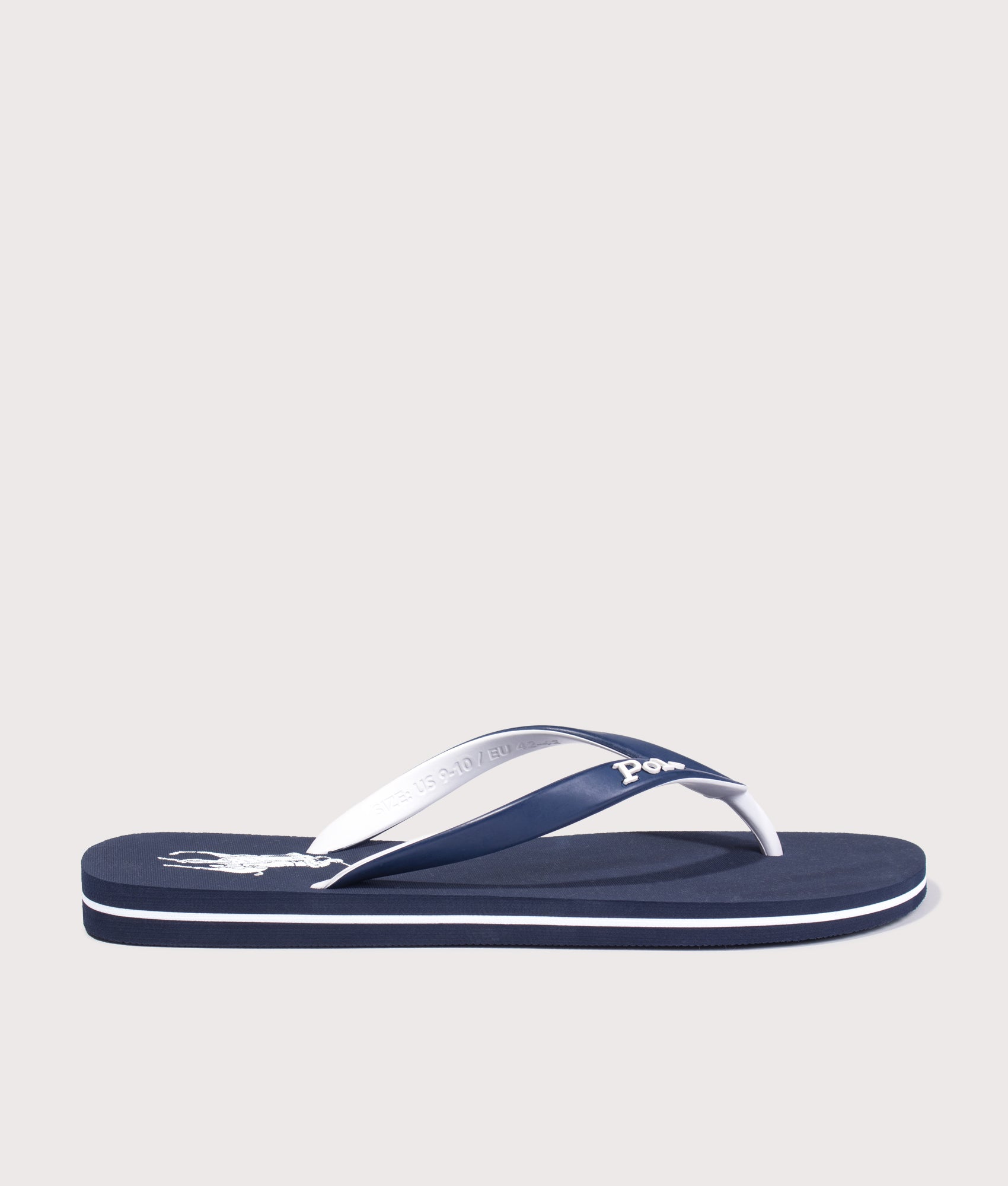 Polo Ralph Lauren Bolt Big Pony Flip Flops in Navy and White at EQVVS Menswear. Side shot.