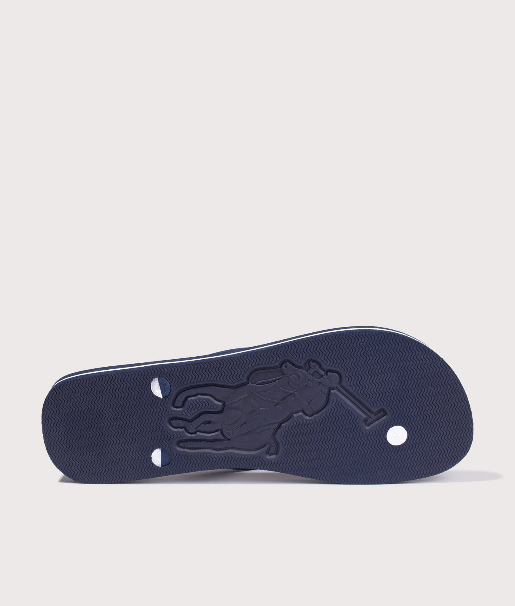 Polo Ralph Lauren Bolt Big Pony Flip Flops in Navy and White at EQVVS Menswear. Tread shot.