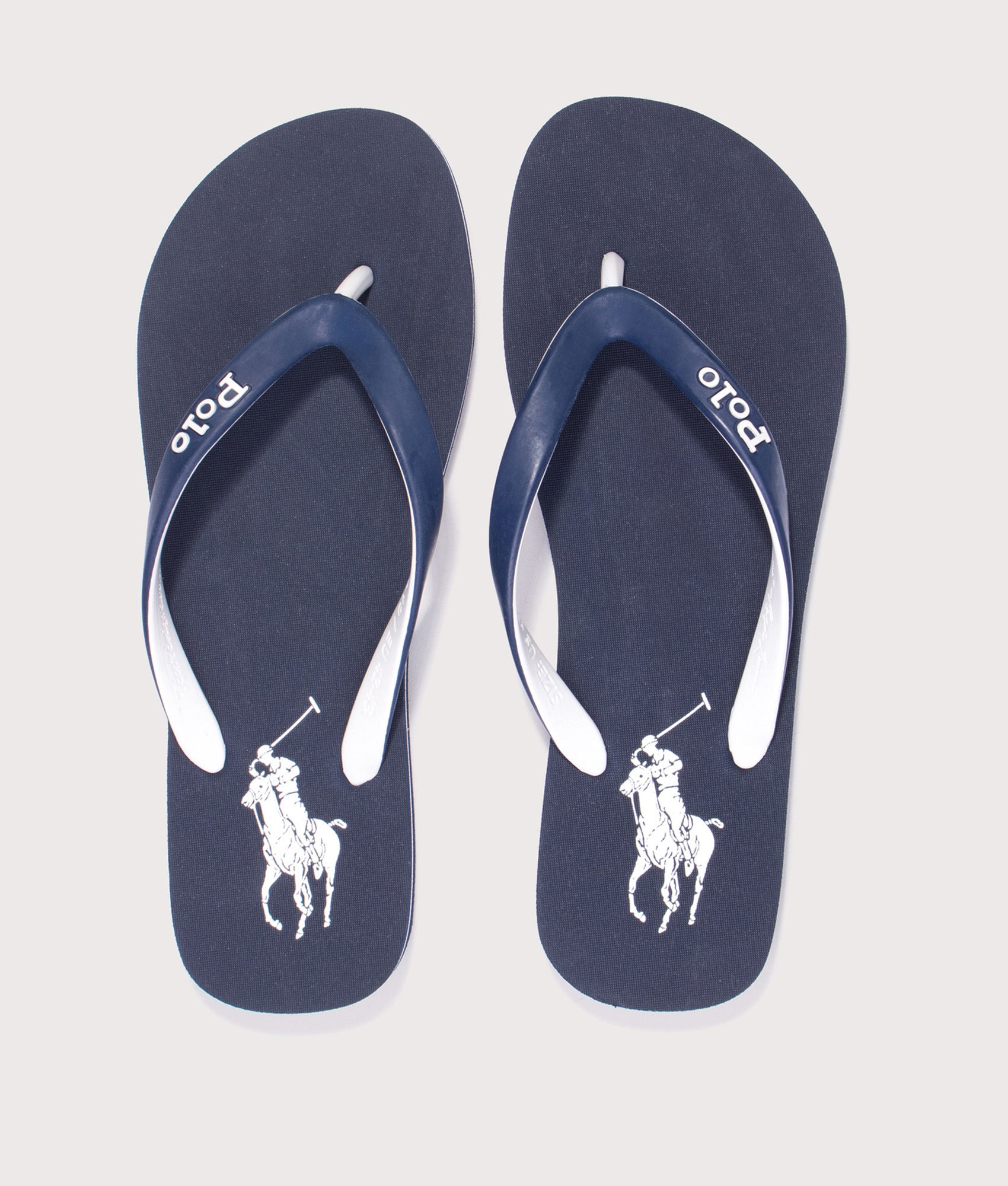 Polo Ralph Lauren Bolt Big Pony Flip Flops in Navy and White at EQVVS Menswear. Top shot.