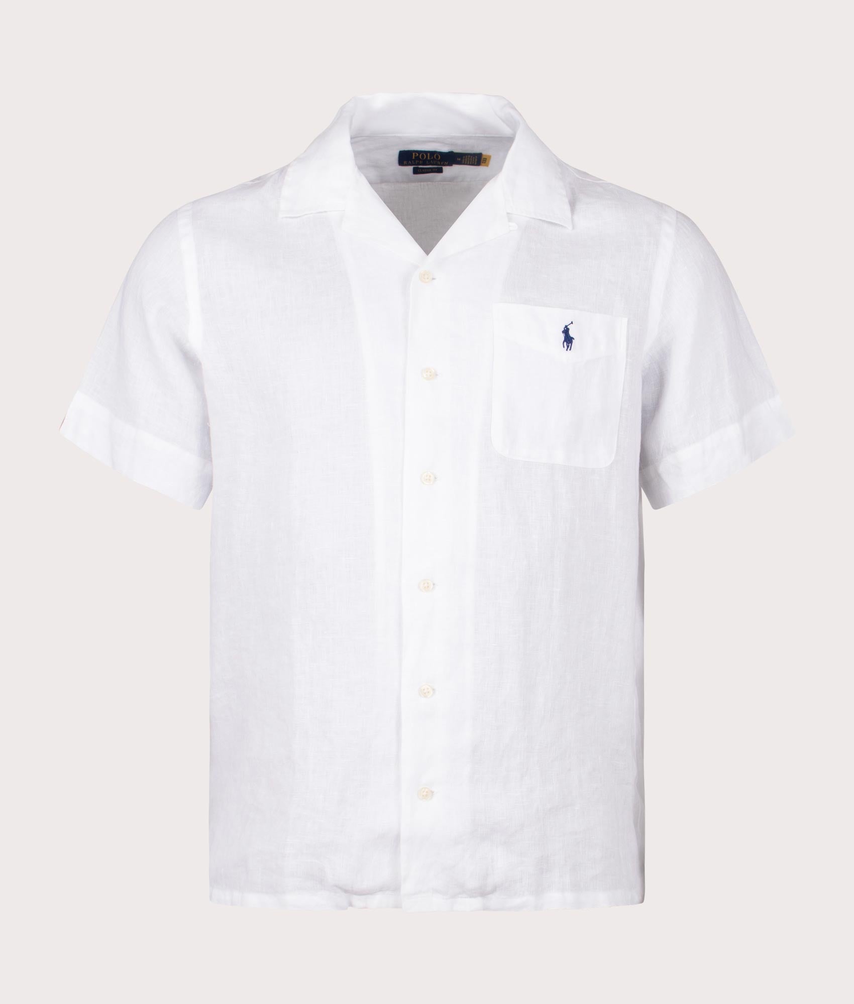 Custom Fit Short Sleeve Linen Shirt in White by Polo Ralph Lauren. EQVVS Front Angle Shot.