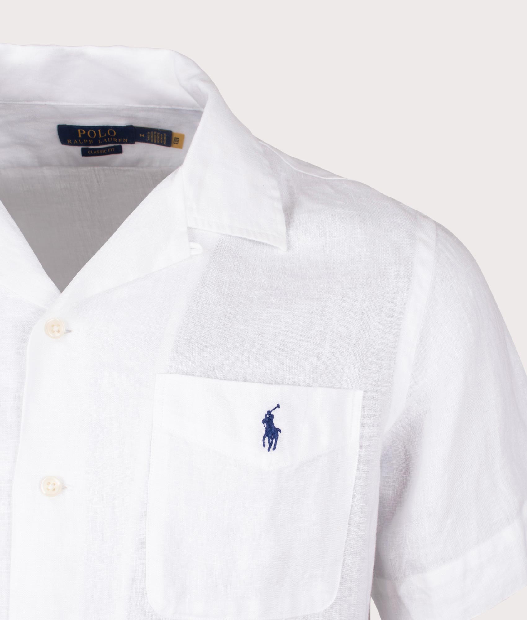 Custom Fit Short Sleeve Linen Shirt in White by Polo Ralph Lauren. EQVVS Detail Shot.