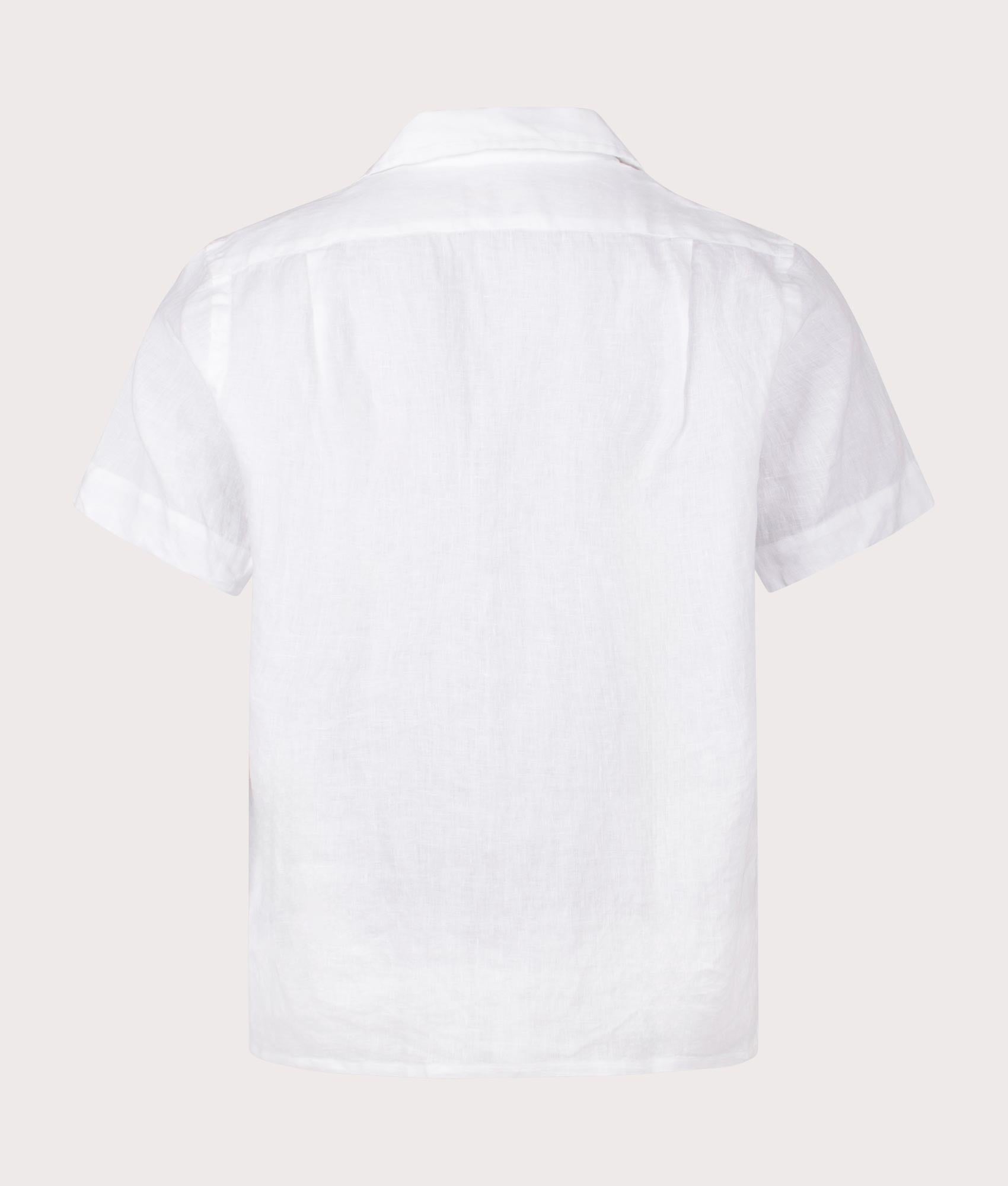 Custom Fit Short Sleeve Linen Shirt in White by Polo Ralph Lauren. EQVVS Back Angle Shot.
