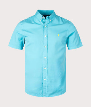 Slim Fit Short Sleeve Twill Sport Shirt in Perfect Turquoise by Polo Ralph Lauren. EQVVS Front Angle Shot.