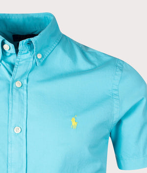 Slim Fit Short Sleeve Twill Sport Shirt in Perfect Turquoise by Polo Ralph Lauren. EQVVS Detail Shot.