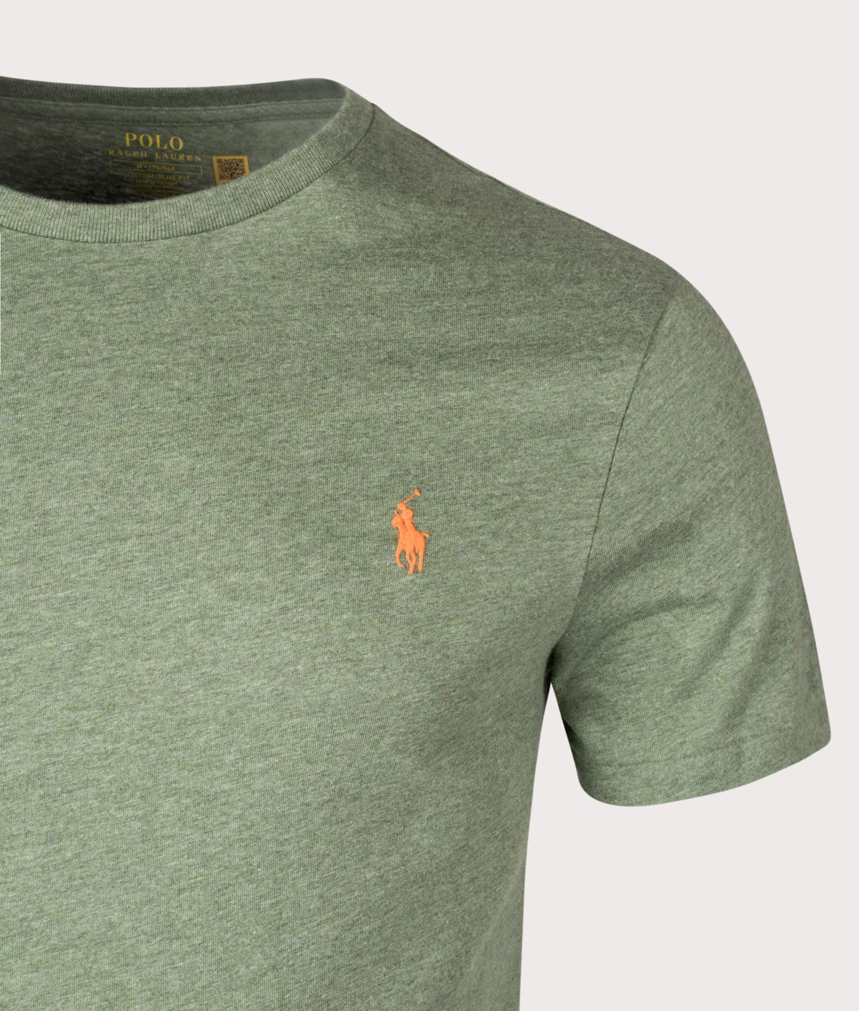 Custom Slim Fit Jersey T-Shirt in Cargo Green Heather by Polo Ralph Lauren. EQVVS Detail Shot.