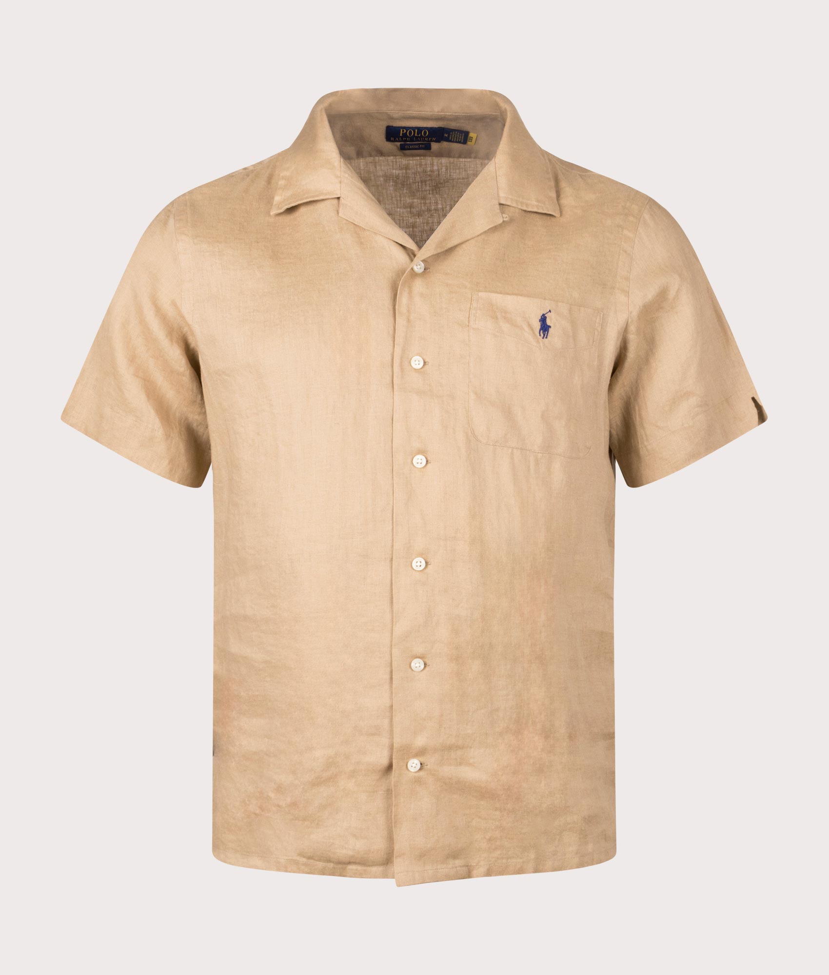 Custom Fit Short Sleeve Linen Shirt in Vintage Khaki by Polo Ralph Lauren. EQVVS Front Angle Shot.