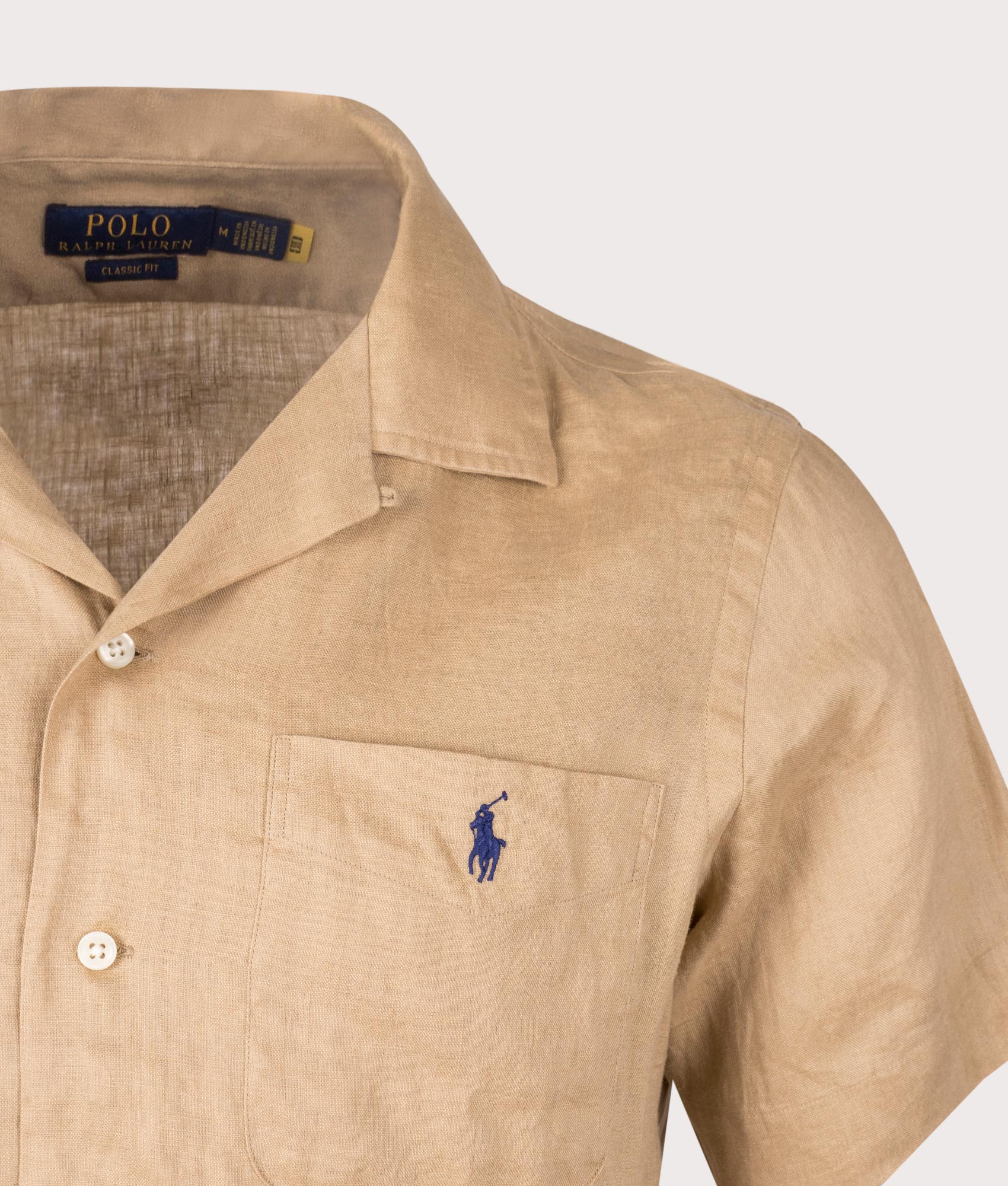 Custom Fit Short Sleeve Linen Shirt in Vintage Khaki by Polo Ralph Lauren. EQVVS Detail Shot.