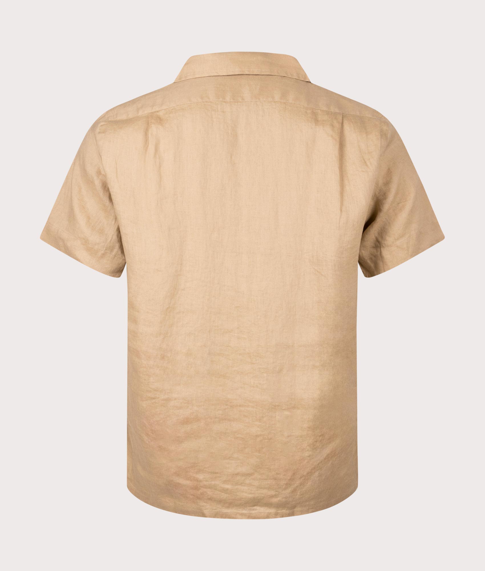 Custom Fit Short Sleeve Linen Shirt in Vintage Khaki by Polo Ralph Lauren. EQVVS Back Angle Shot.