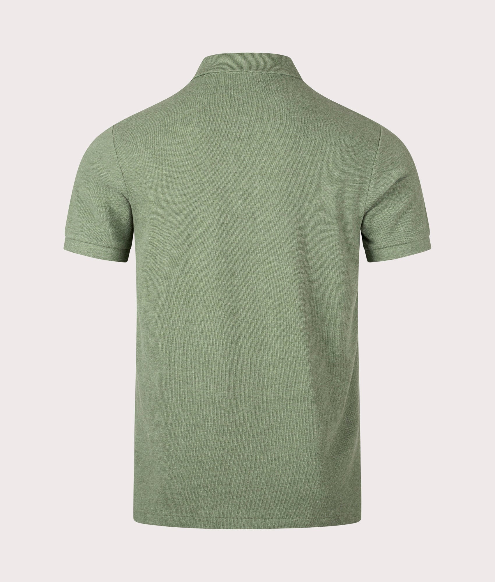 Custom Slim Fit Basic Mesh Polo Shirt in Cargo Green Heather by Polo Ralph Lauren. EQVVS Back Angle Shot.