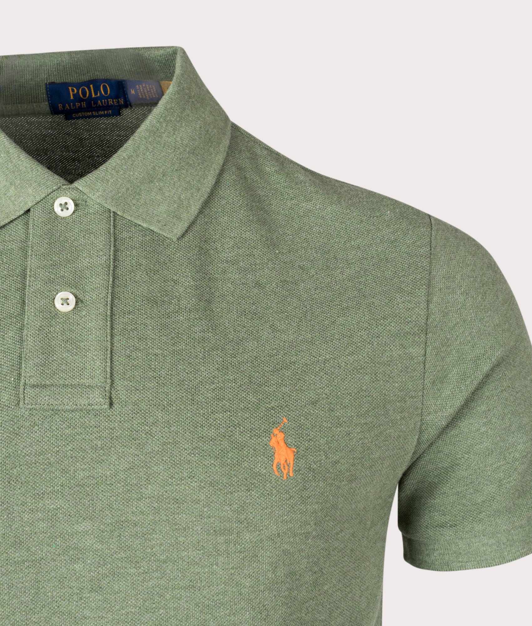 Custom Slim Fit Basic Mesh Polo Shirt in Cargo Green Heather by Polo Ralph Lauren. EQVVS Detail Shot.