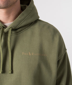 Polo Ralph Lauren Relaxed Fit Athletic Hoodie in Tree Green with Gold Branding on the Chest Detail Shot at EQVVS