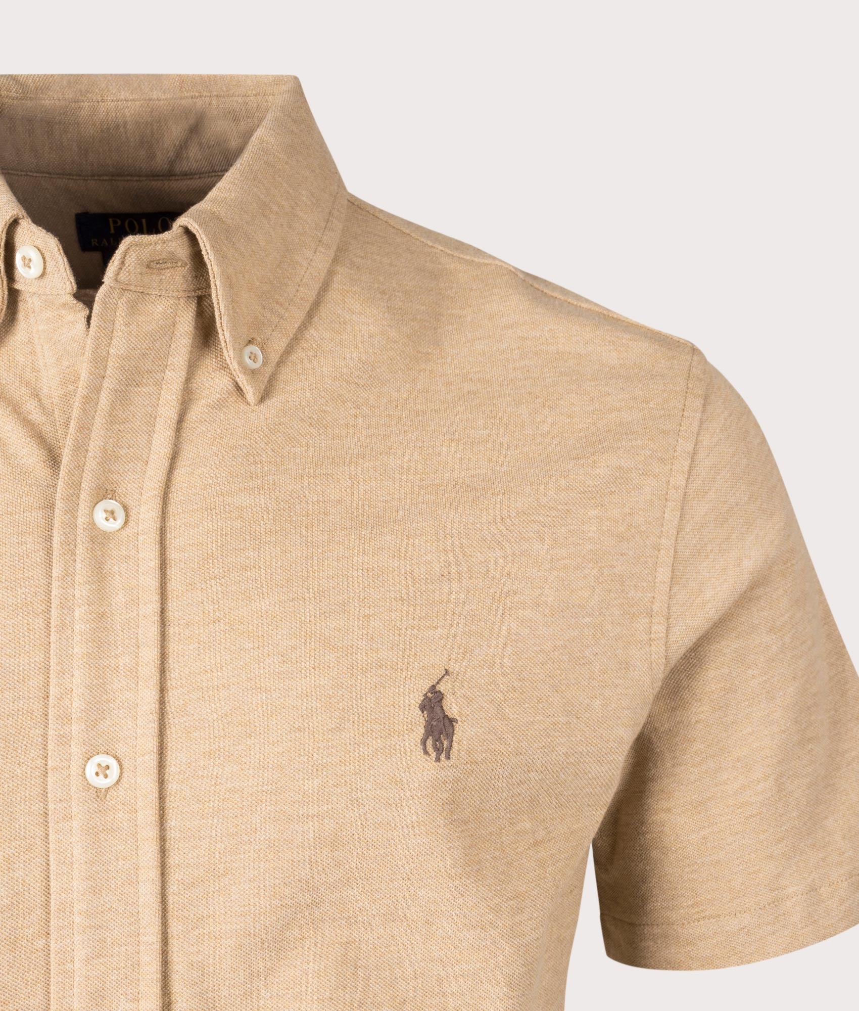 Featherweight Mesh Short Sleeve Shirt in Classic Camel Heather by Polo Ralph Laure. EQVVS Shot.
