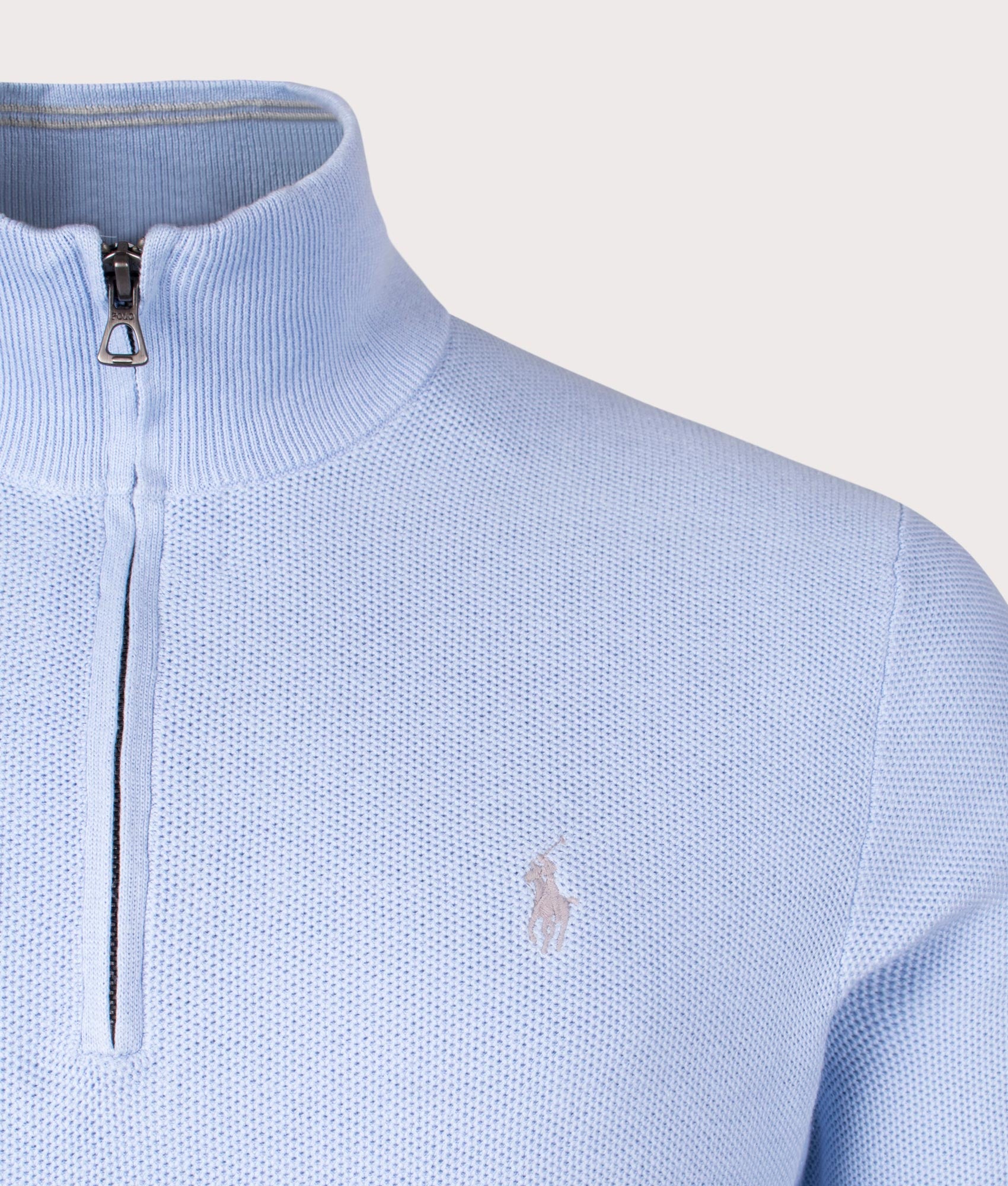 Quarter Zip Contrast Logo Knit Jumper in Blue Hyacinth. EQVVS Detail Shot.