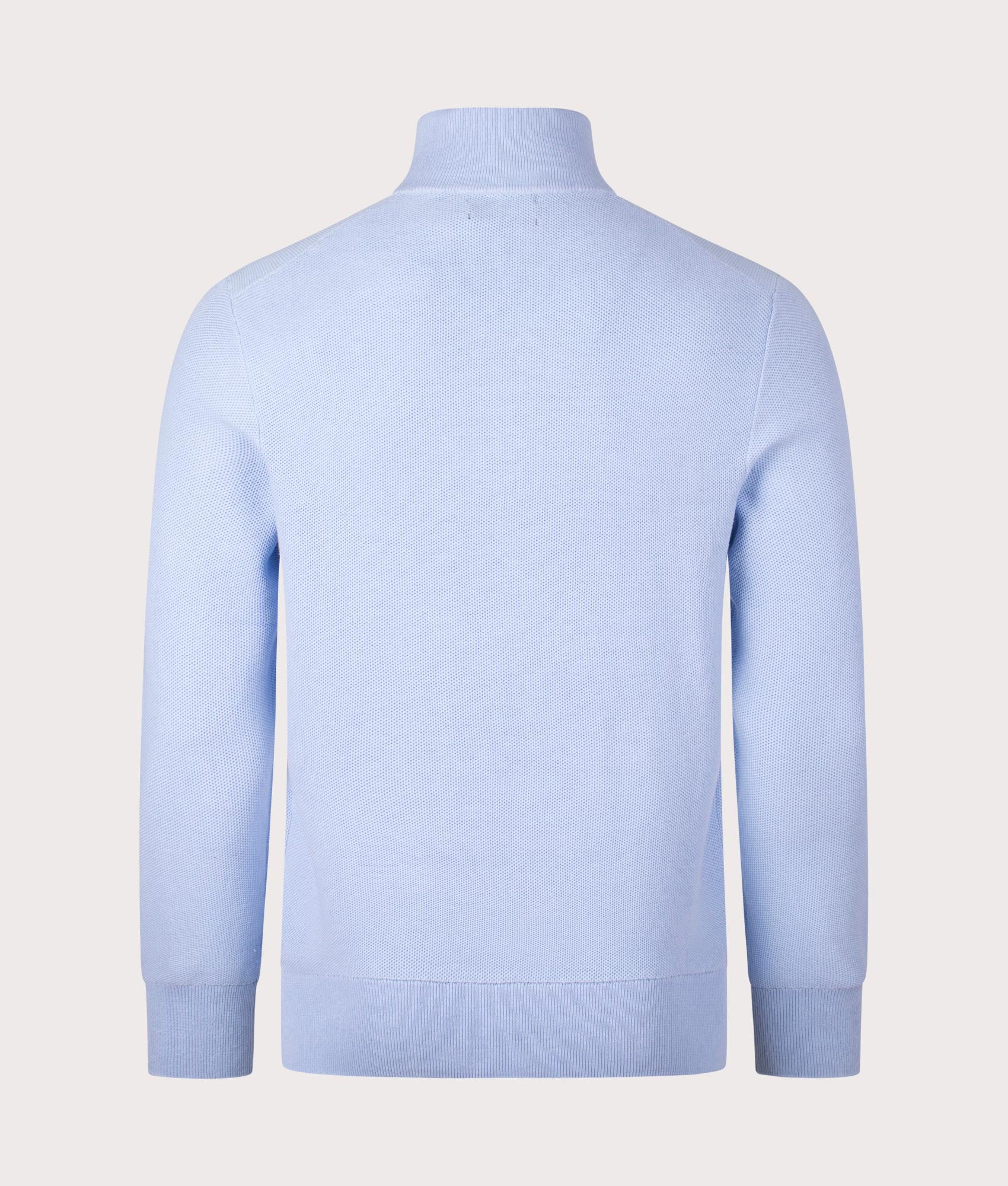 Quarter Zip Contrast Logo Knit Jumper in Blue Hyacinth. EQVVS Back Angle Shot.