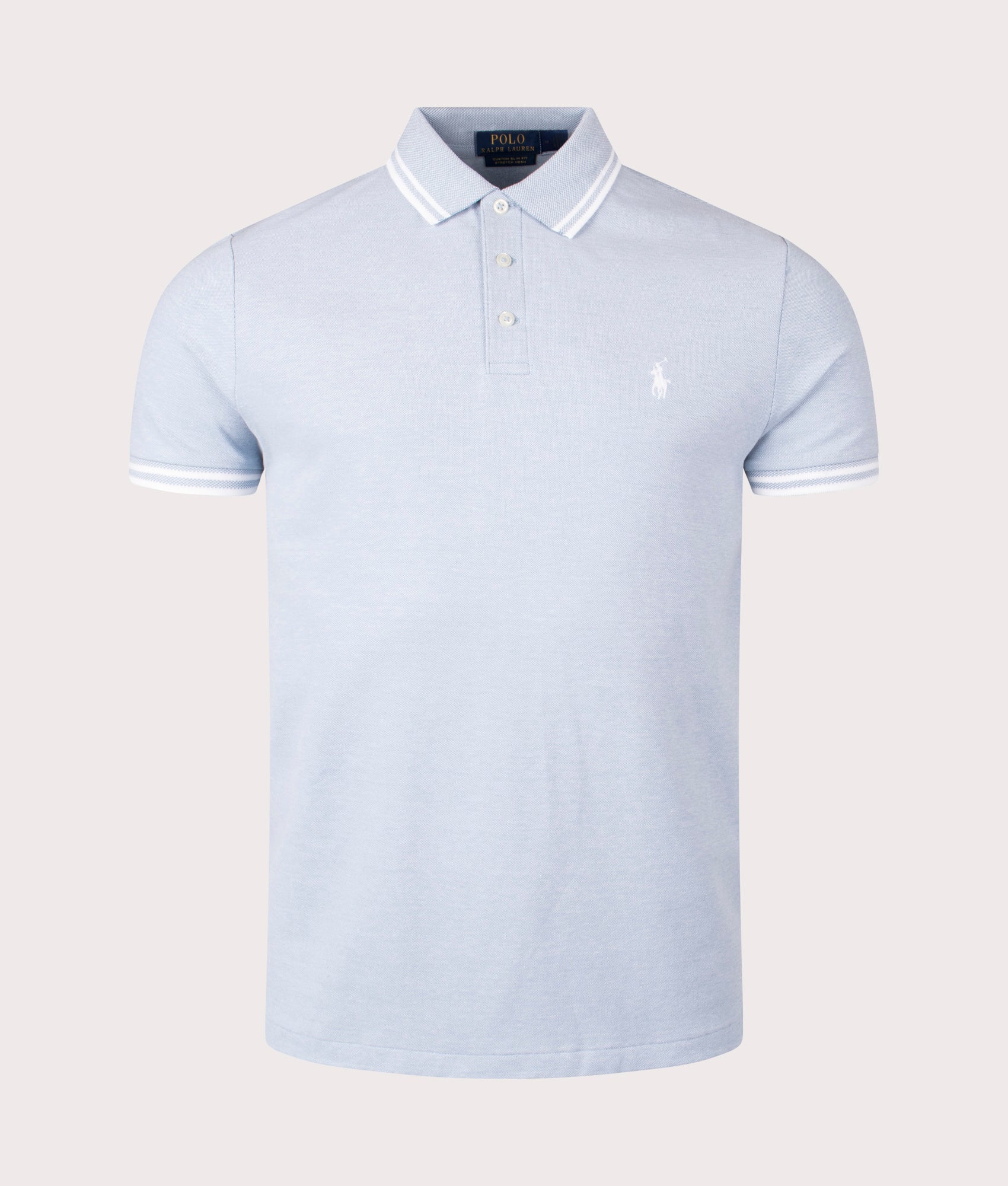 Custom Slim Fit Stretch Mesh Polo Shirt in Vessel Blue by Polo Ralph Lauren. EQVVS Shot.