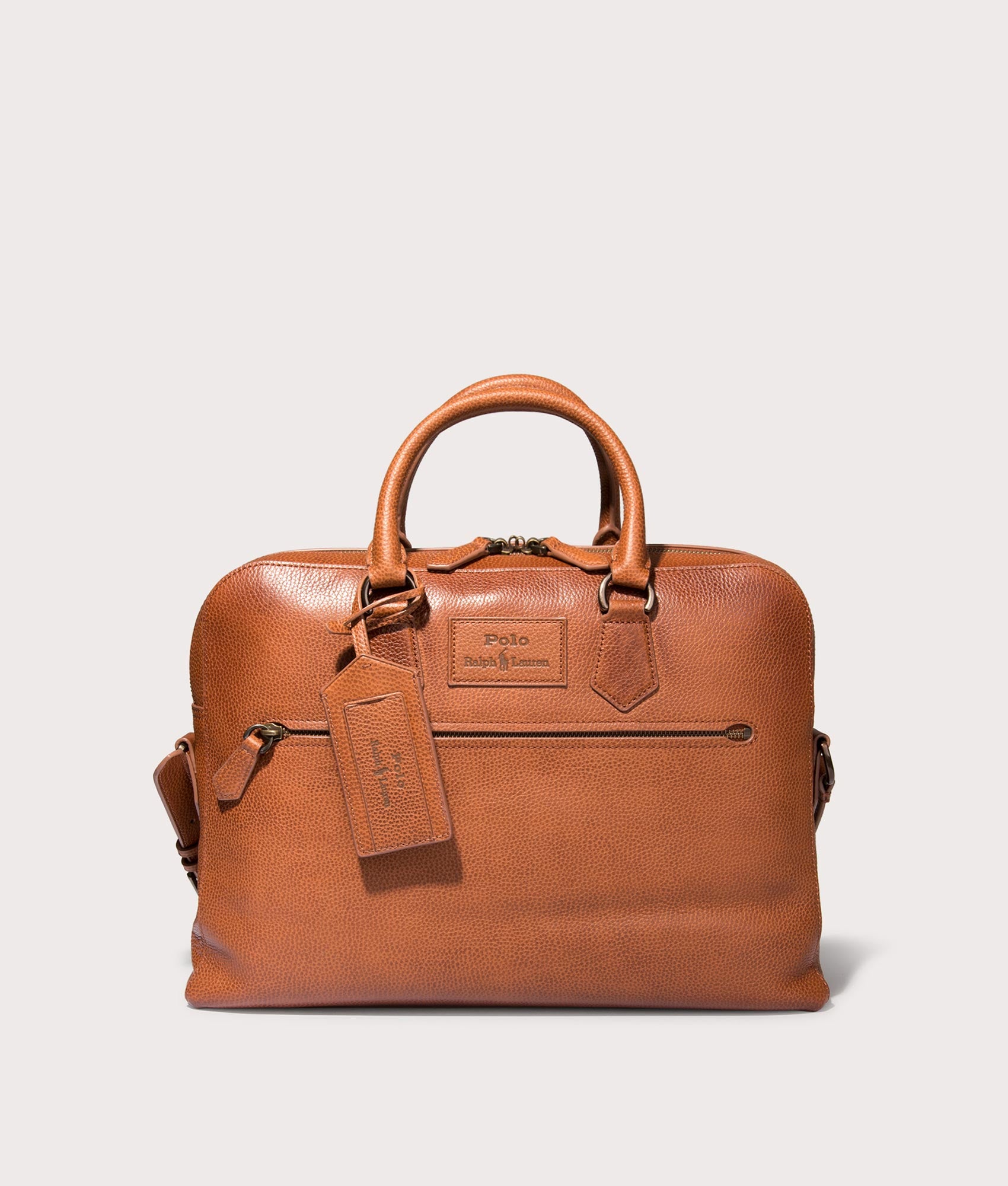 Polo Ralph Lauren Pebbled Leather Commuter Bag in Saddle . Shot at EQVVS. Front shot 