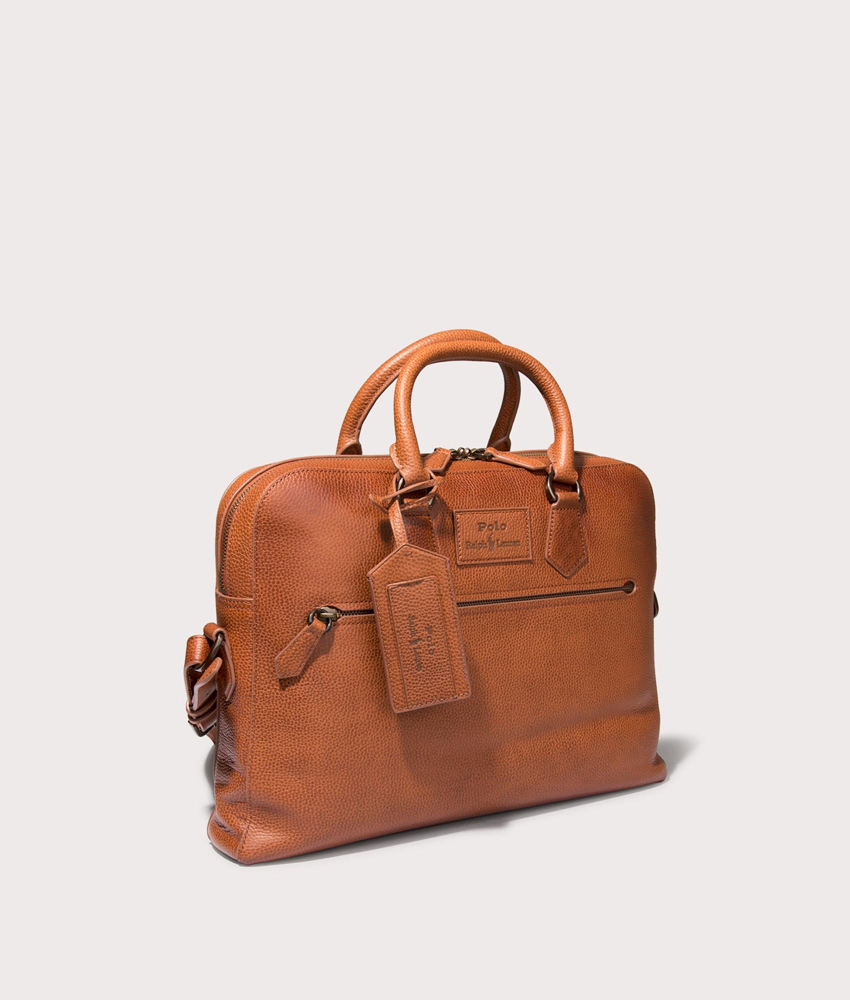 Polo Ralph Lauren Pebbled Leather Commuter Bag in Saddle . Shot at EQVVS. Angle shot 