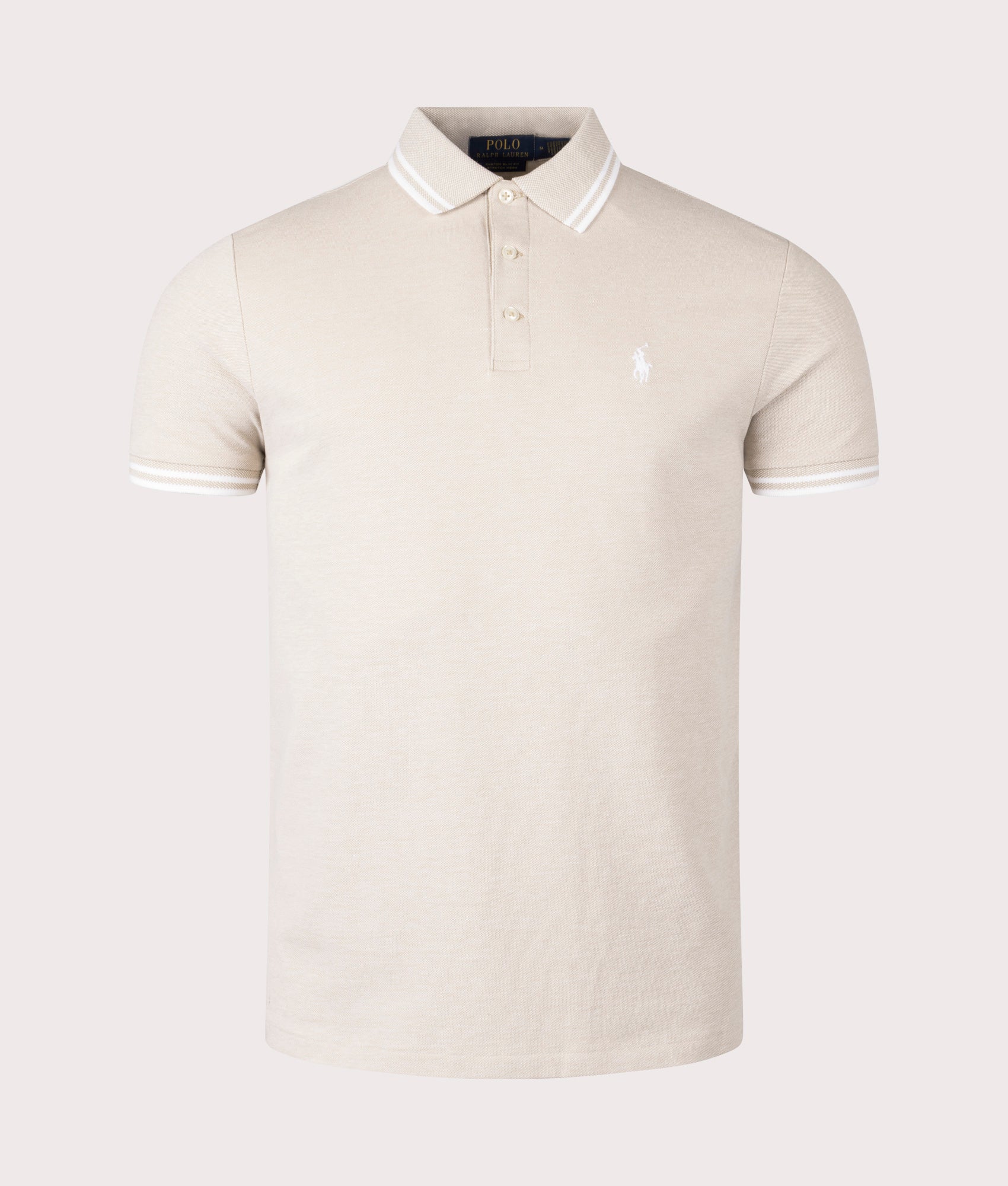 Custom Slim Fit Stretch Mesh Polo Shirt in Coastal Beige by Polo Ralph Lauren. EQVVS Shot. 