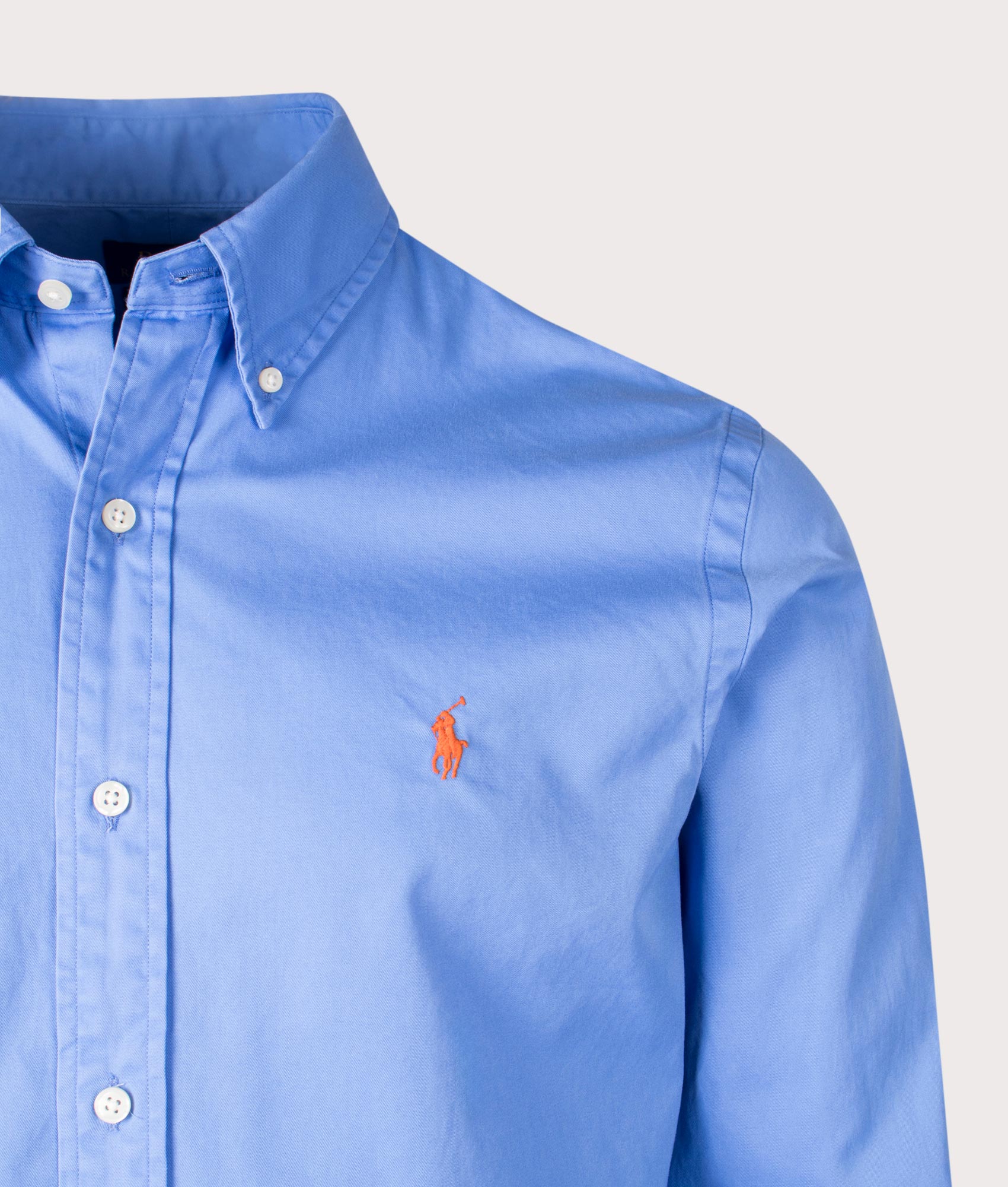 Polo Ralph Lauren Custom Fit Twill Shirt in Harbor Island Blue at EQVVS. Detail Shot.