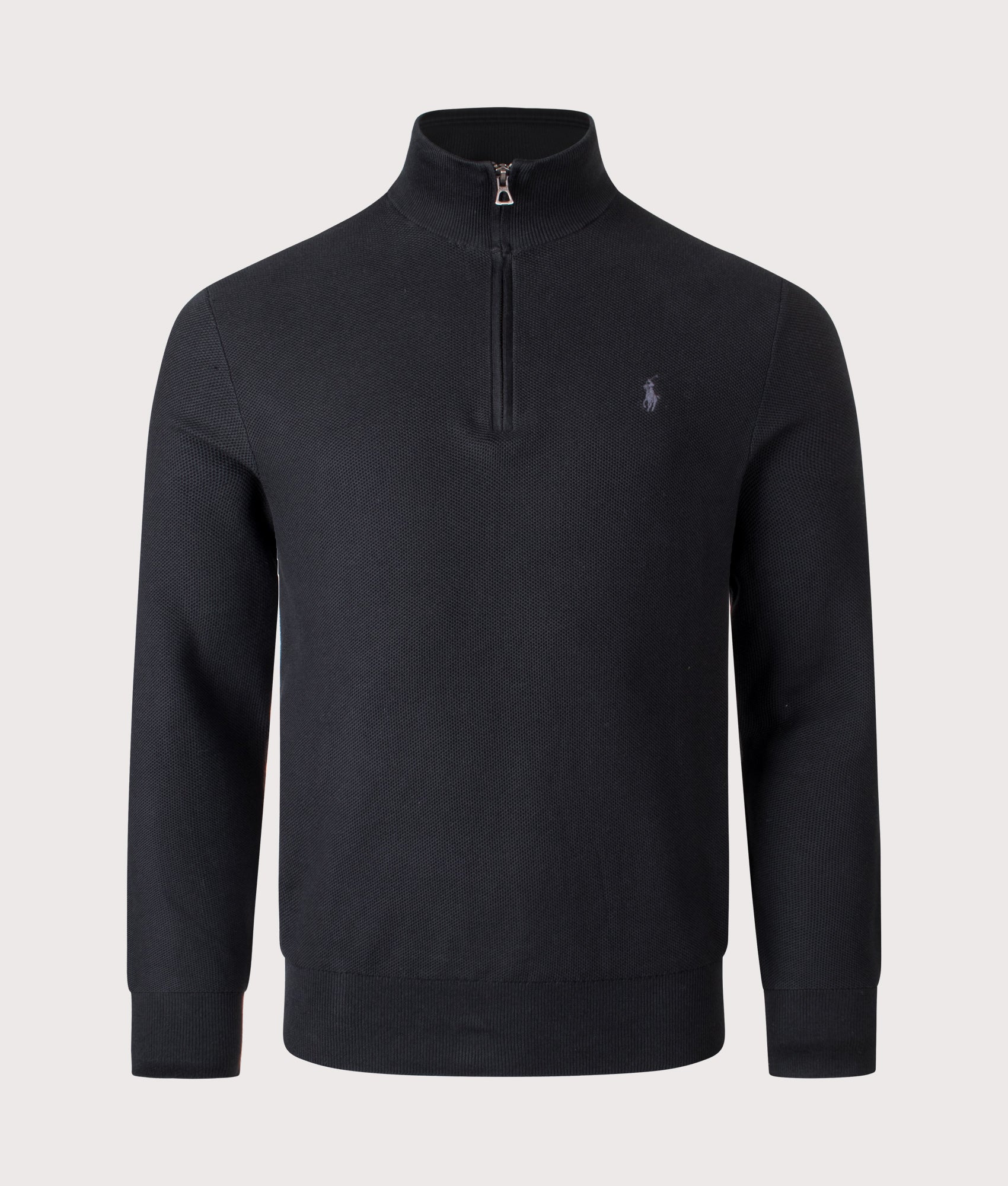 Quarter Zip Contrast Logo Knit Jumper in Polo Black | 100% Cotton | Polo Ralph Lauren | EQVVS | Front shot 
