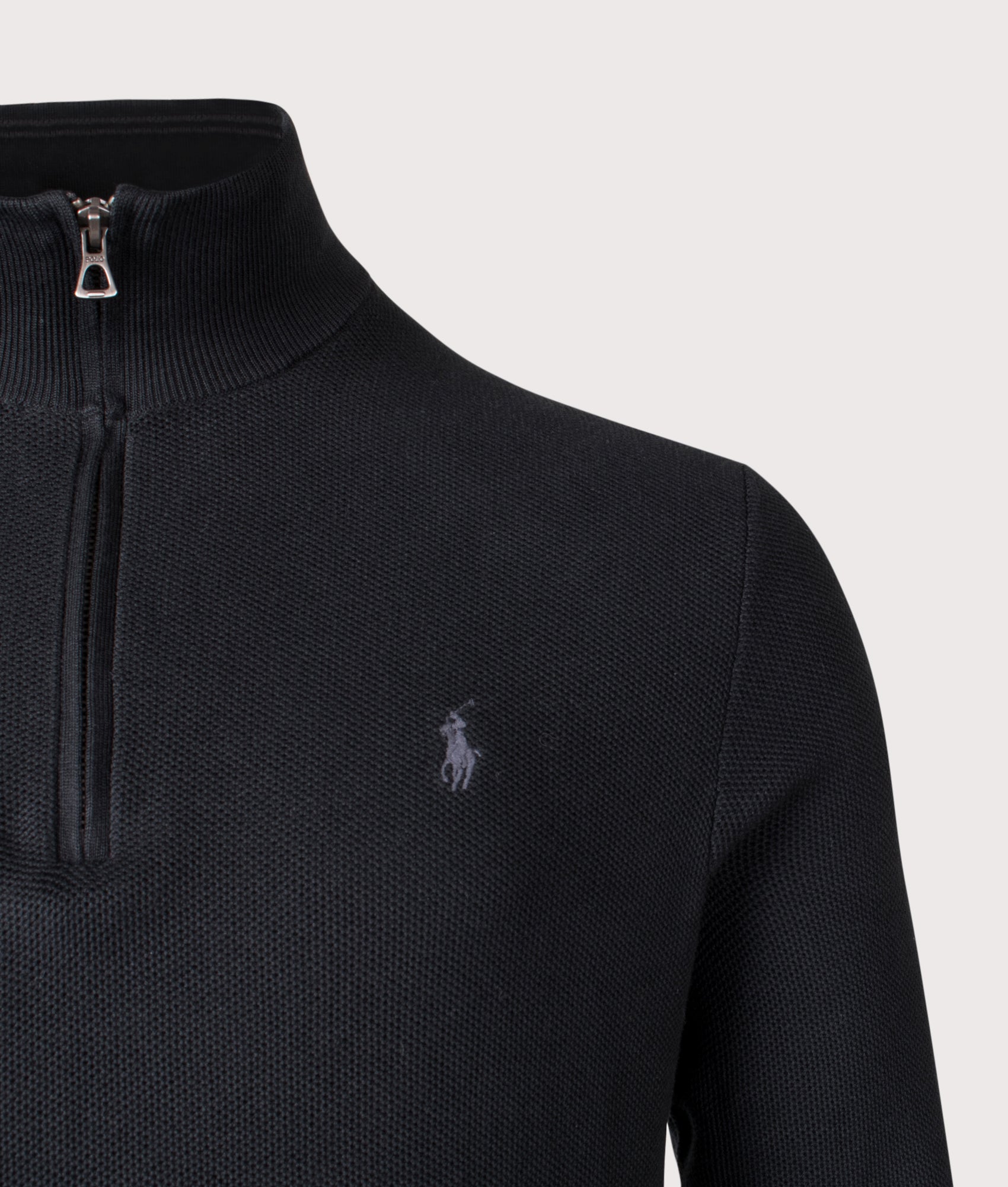 Quarter Zip Contrast Logo Knit Jumper in Polo Black | 100% Cotton | Polo Ralph Lauren | EQVVS | Front detail shot 