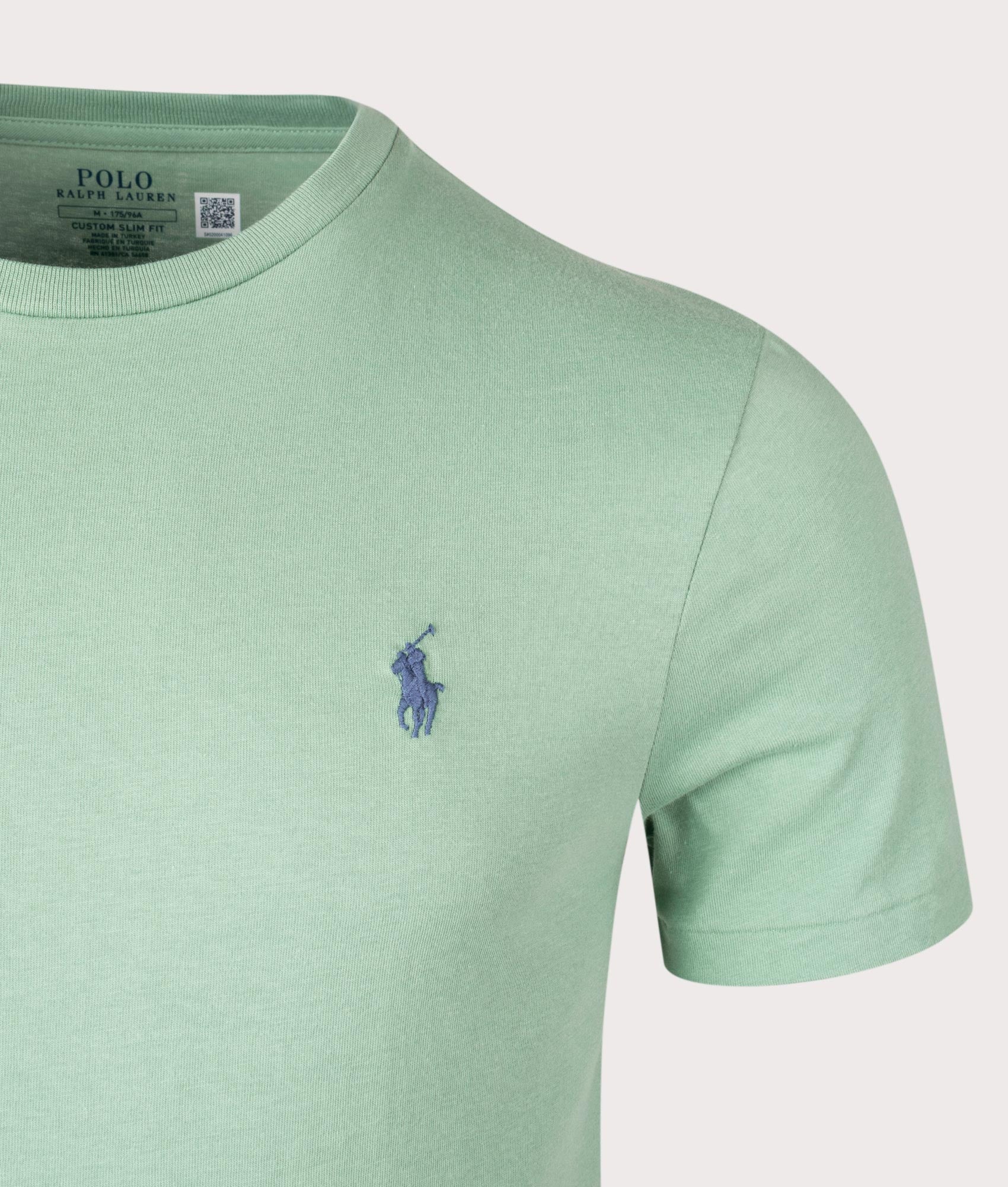 Custom Slim Fit T-Shirt by Polo Ralph Lauren in Faded Mint. Shot at EQVVS. Detail shot. 