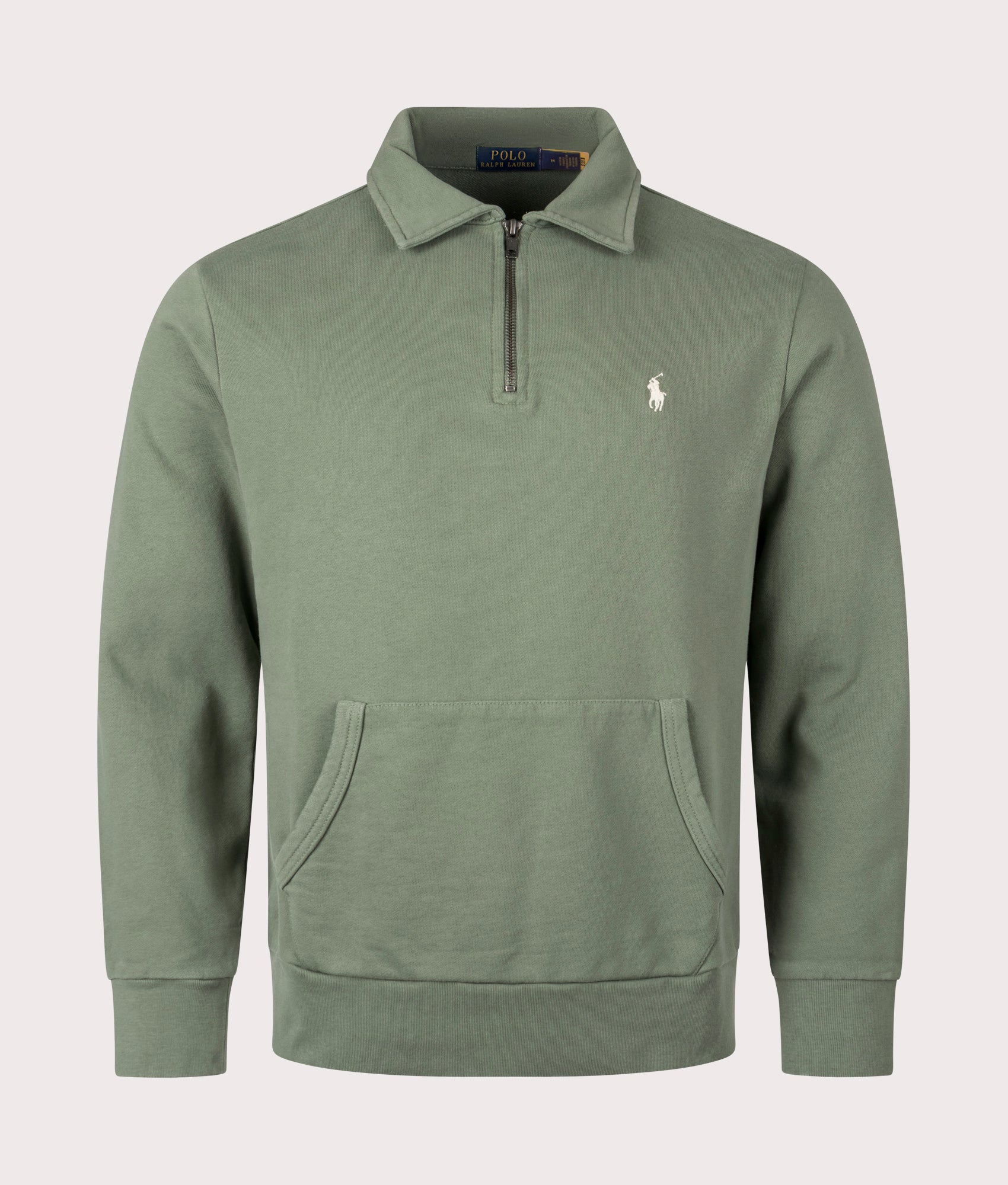 Quarter Zip Loopback Terry Sweatshirt in Cargo Green by Polo Ralph Lauren. EQVVS Shot.