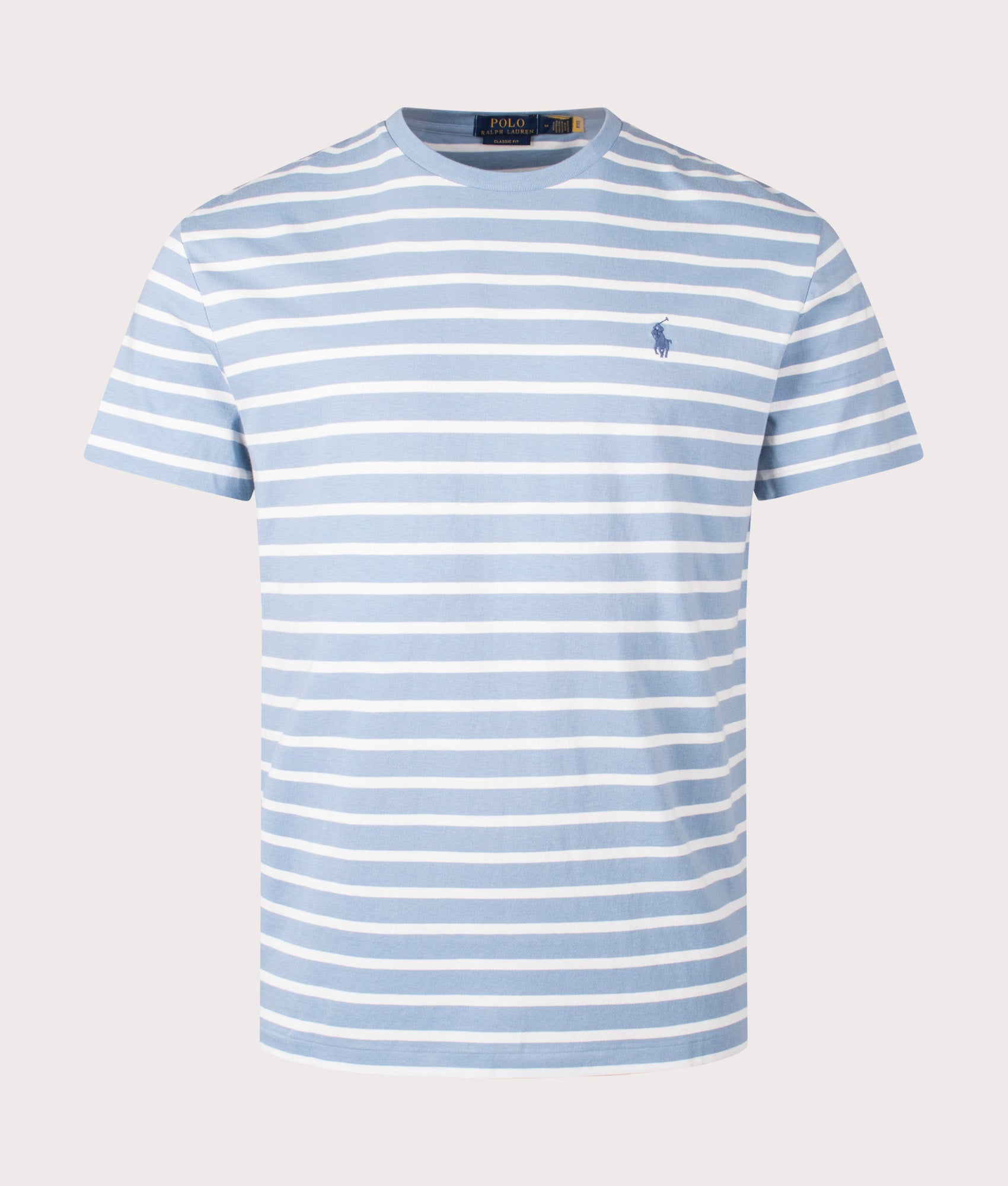 Classic Fit Striped Jersey T-Shirt in Vessel Blue and Nevis by Polo Ralph Lauren. EQVVS Shot. 