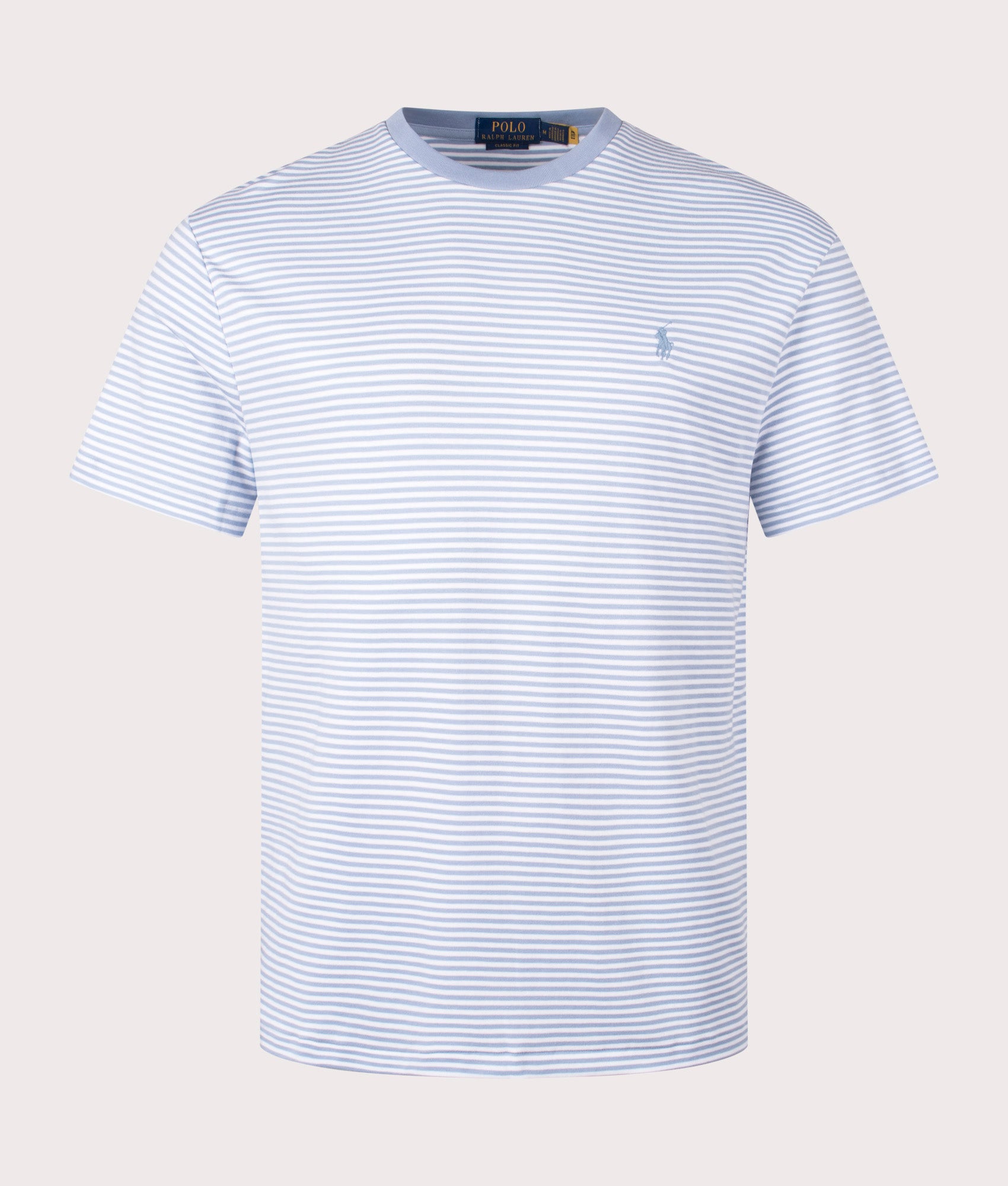 Classic Fit Striped Soft Cotton T-Shirt in Vessel Blue and White by Polo Ralph Lauren. EQVVS Shot. 