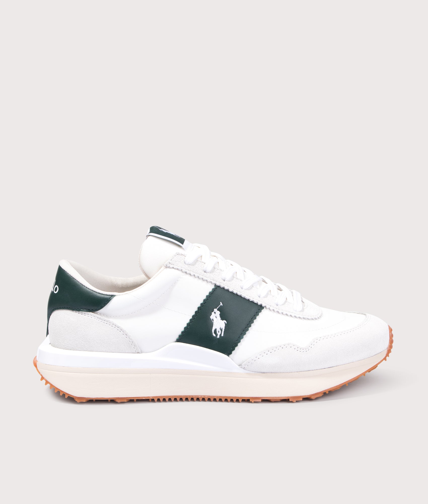 Polo Ralph Lauren Train 89 Panelled Low Top Trainers in Bianco/Forest. Side angle shot at EQVVS.