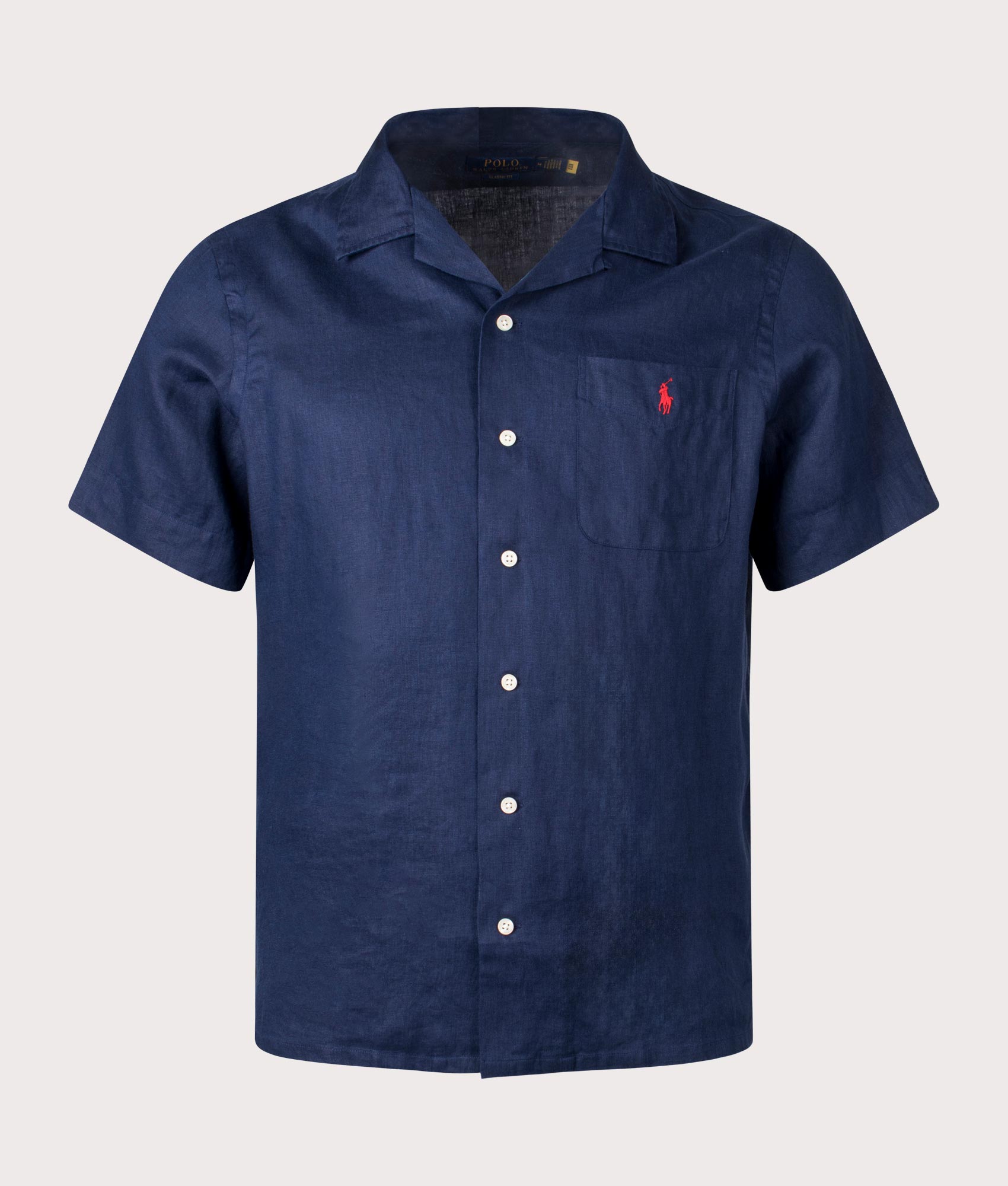 Custom Fit Short Sleeve Linen Shirt in Newport Navy by Polo Ralph Lauren. EQVVS Front Angle Shot.