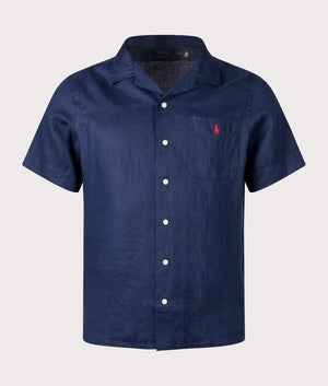 Linen Short Sleeve Shirt in Newport Navy by Polo Ralph Lauren. EQVVS Front Angle Shot.