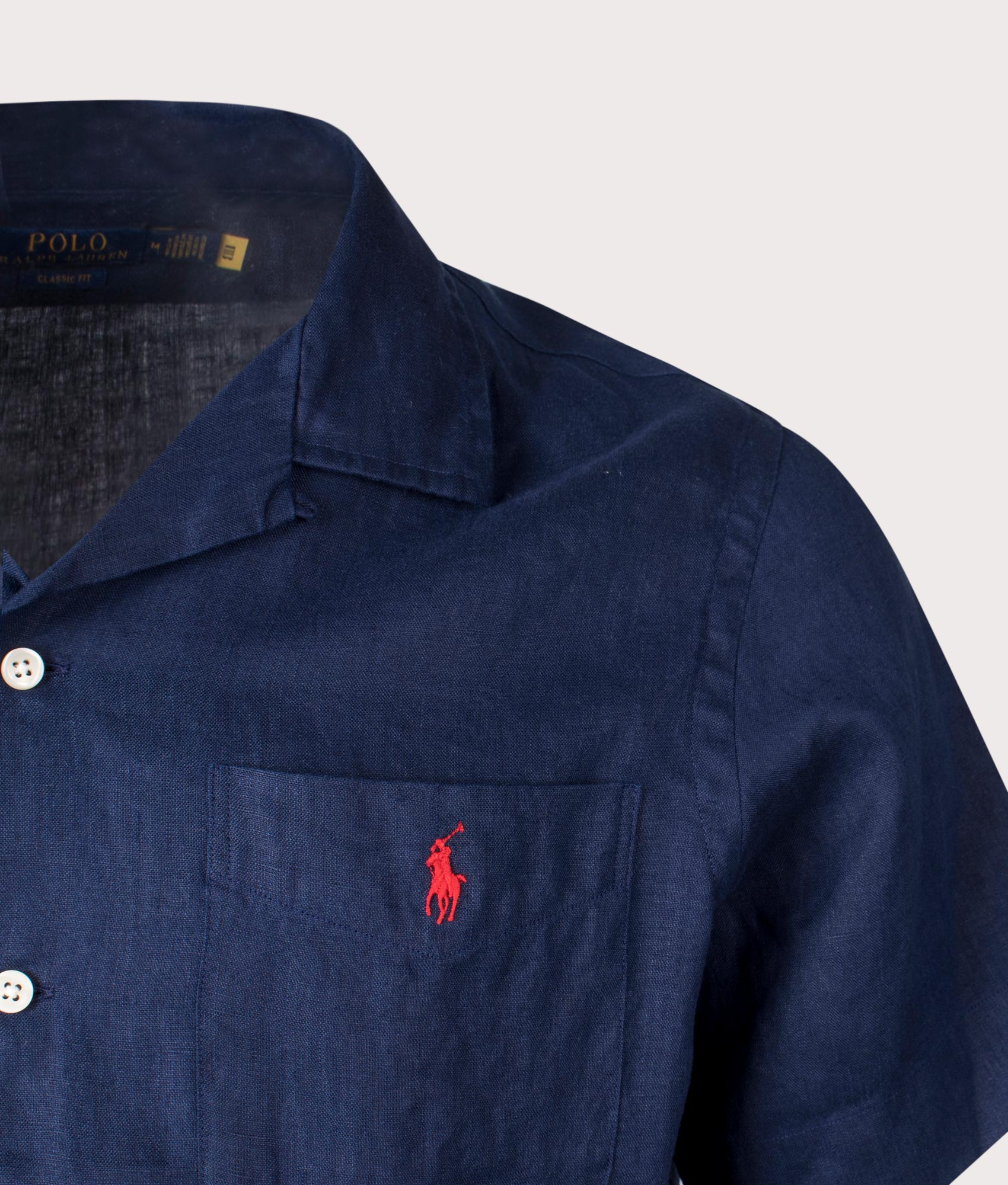 Custom Fit Short Sleeve Linen Shirt in Newport Navy by Polo Ralph Lauren. EQVVS Detail Shot.