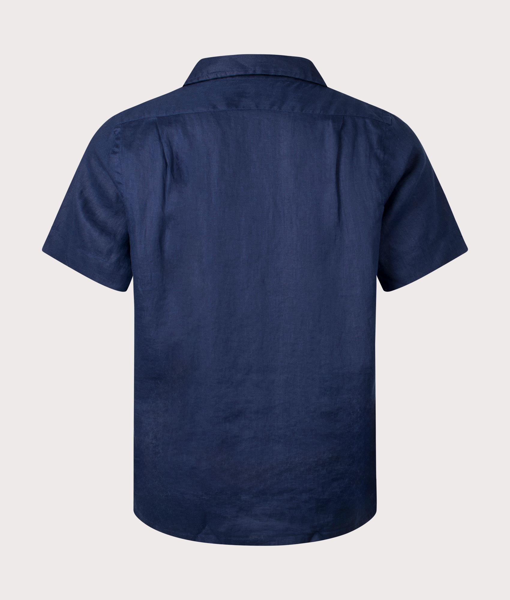 Custom Fit Short Sleeve Linen Shirt in Newport Navy by Polo Ralph Lauren. EQVVS Back Angle Shot.