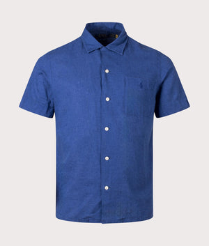 Polo Ralph Lauren Classic Fit Short Sleeve Plain Weave SHort Sleeve Shirt in Beach Royal  Front Shot at EQVVS