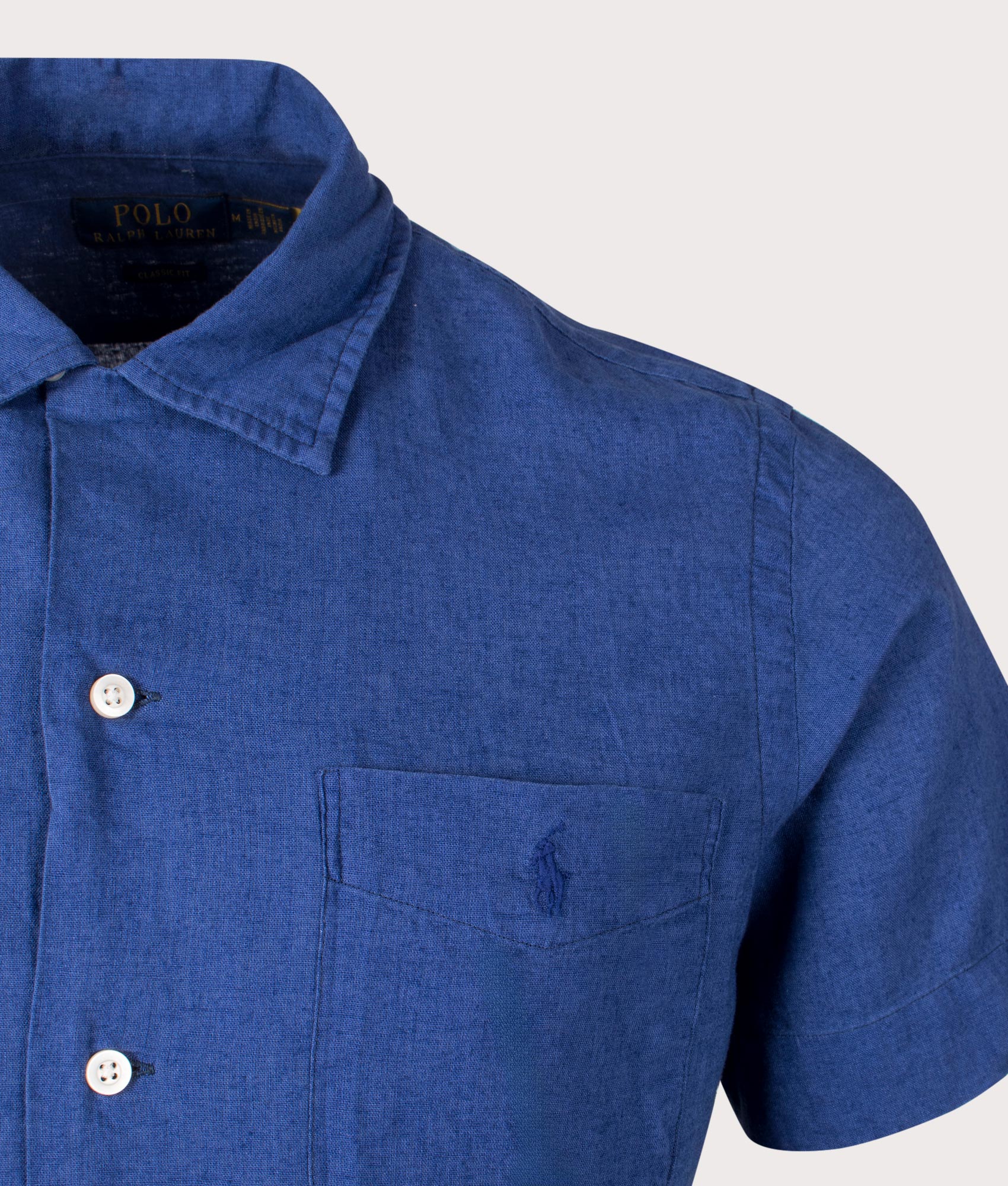 Classic Fit Short Sleeve Linen Blend Camp Shirt in Beach Royal  Detail Shot at EQVVS