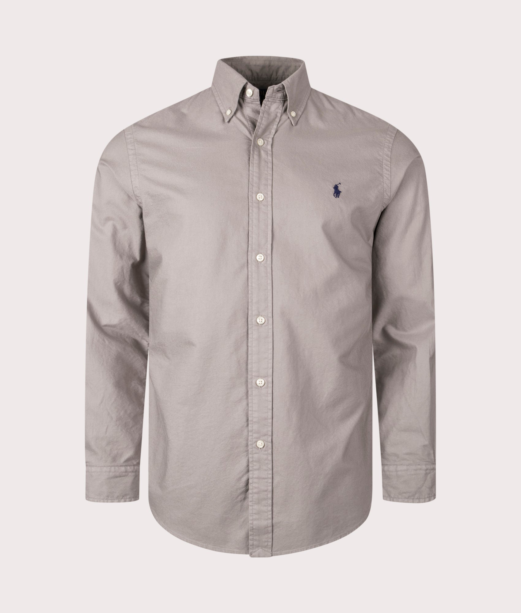 Polo Ralph Lauren Custom Fit Garment Dyed Oxford Shirt in Perfect Grey at EQVVS Menswear. Front shot.