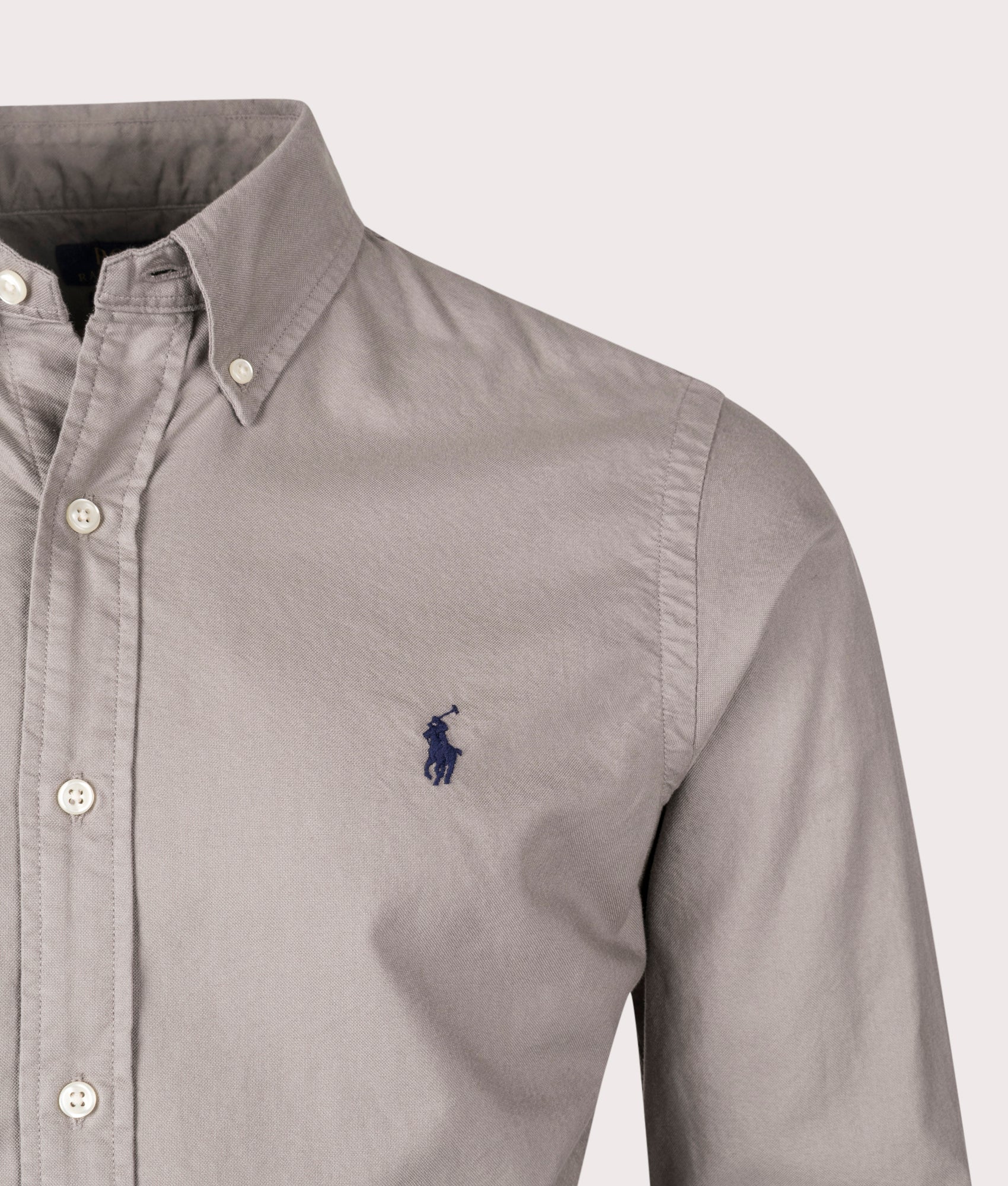 Custom Fit Garment Dyed Oxford Shirt in Perfect Grey | 100% Cotton | Polo Ralph Lauren | EQVVS | Front detail shot