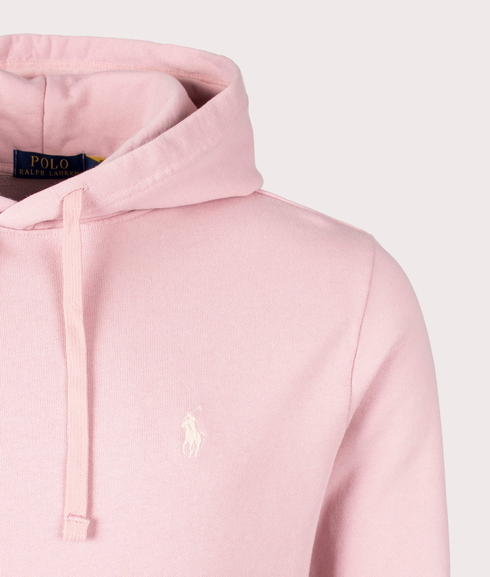 Polo Ralph Lauren Loopback Fleece Hoodie in Adirondack Rose. Detail angle shot at EQVVS.