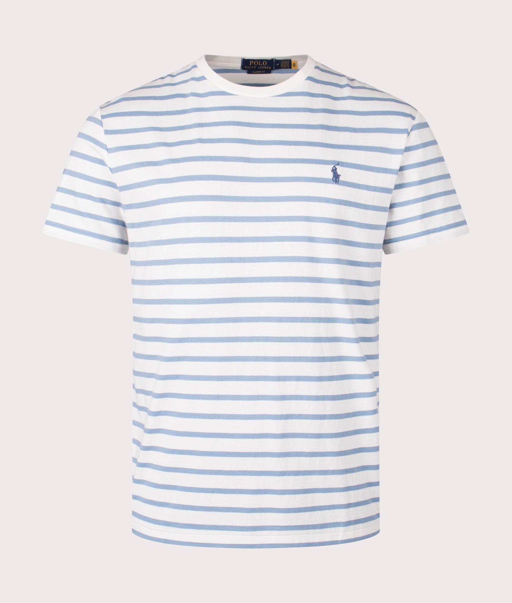 Polo Ralph Lauren Classic Fit Striped Jersey T-Shirt in Nevis/Vessel Blue. Front angle shot at EQVVS.