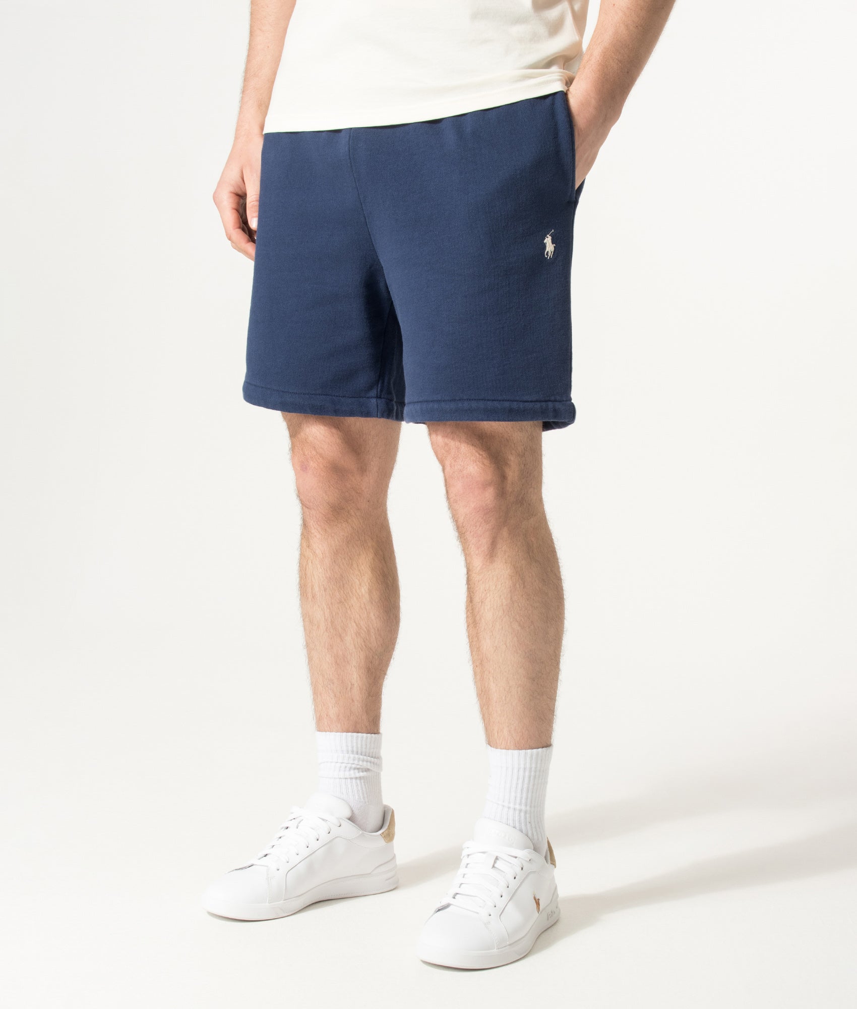 Polo Ralph Lauren Athletic Sweat Shorts  in Cruise Navy at EQVVS Menswear. Angled model front shot.