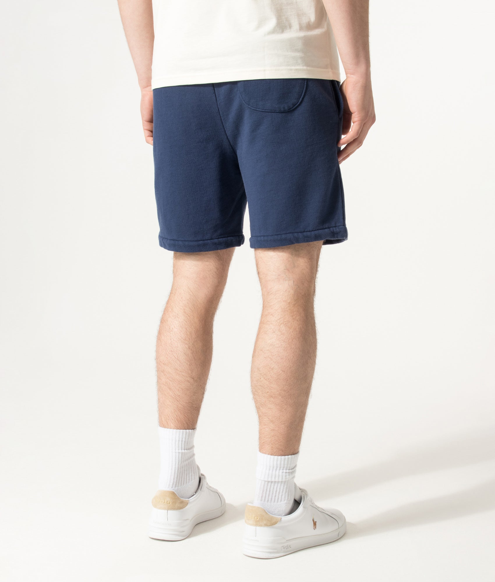 Polo Ralph Lauren Athletic Sweat Shorts  in Cruise Navy at EQVVS Menswear. Angled model back shot.