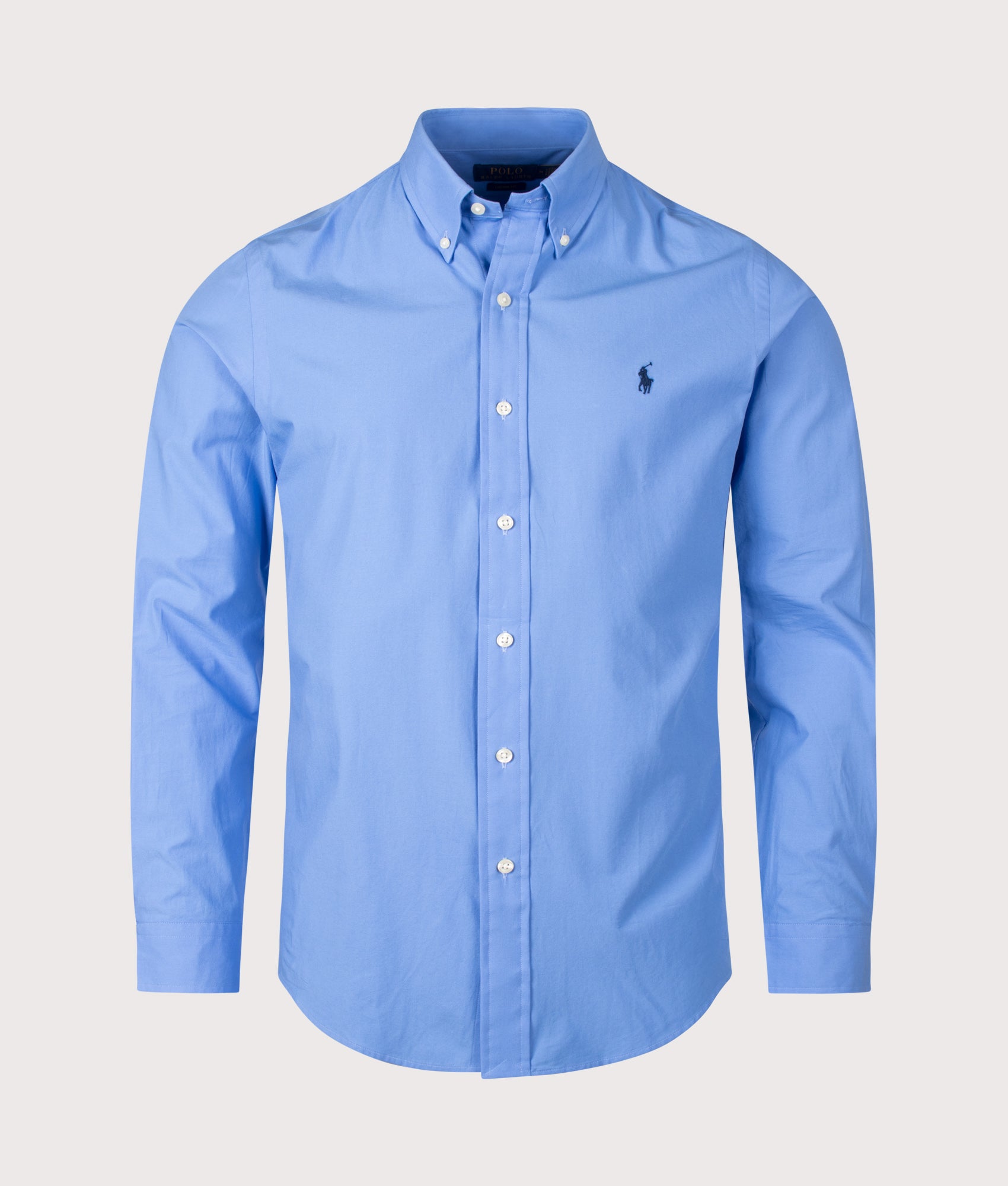 Polo Ralph Lauren Custom Fit Stretch Poplin Shirt in Harbor Island Blue at EQVVS Menswear. Front shot.