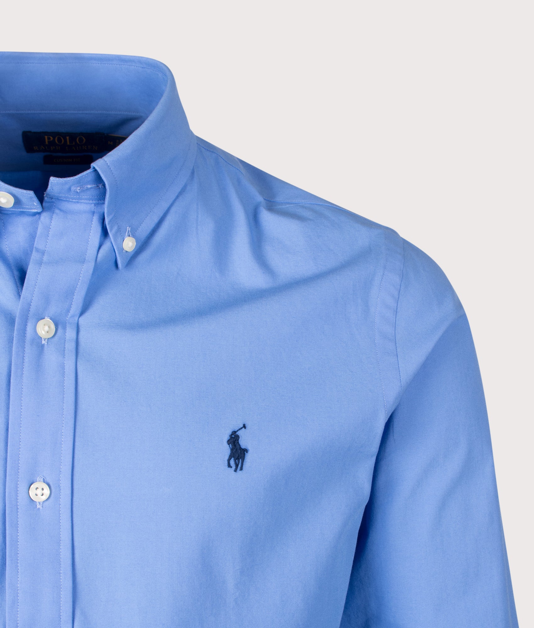 Polo Ralph Lauren Custom Fit Stretch Poplin Shirt in Harbor Island Blue at EQVVS Menswear. Detail shot.