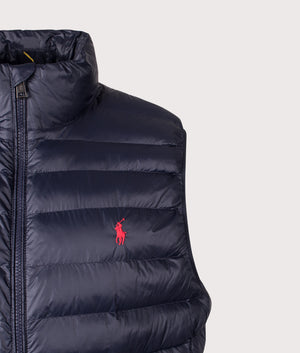 The Colden Packable Vest in Collection Navy. | Polo Ralph Lauren | Shot at EQVVS | Front detail shot 